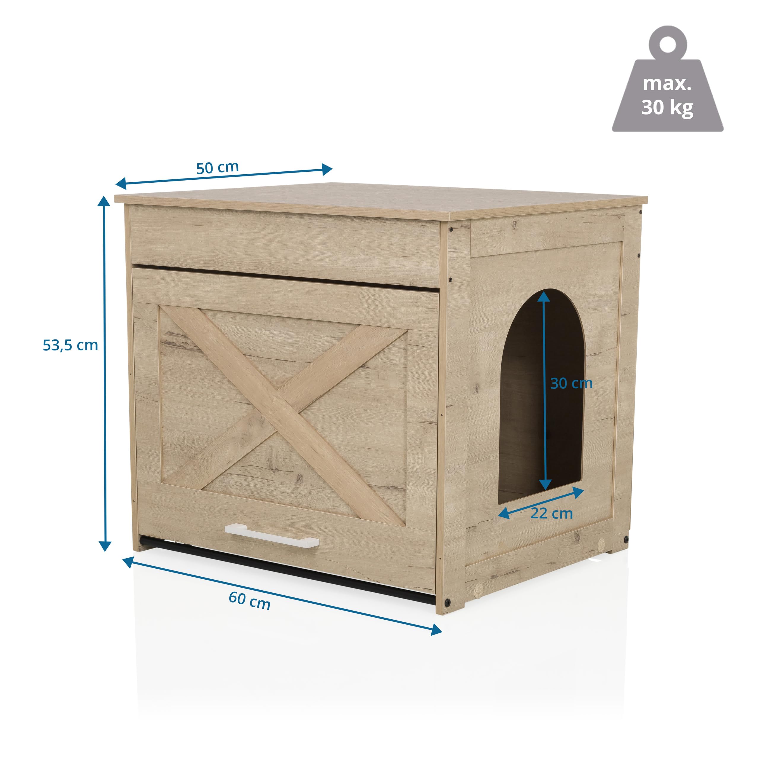 hjh LVING Domek dla kota do domu, 60 x 50 x 53,2 cm, Kitty Pawbox, 1 szafka na kuwetę dla kotów, legowisko dla kota o obciążeniu do 30 kg, dąb