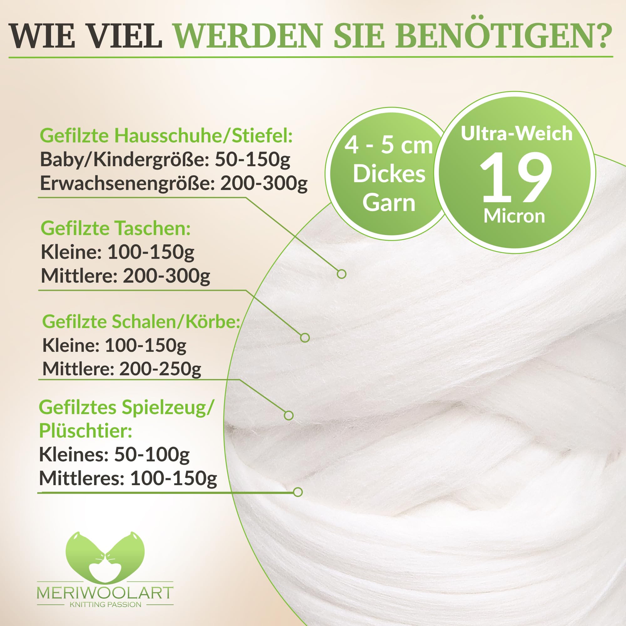 MeriWoolArt® 100% XXL Merino Wolle – 19 Micron Weiche, Dicke Wolle – Filzwolle für Trockenfilzen, Nassfilzen – DIY Decke, Baby Wolle, Armstricken – Flauschige Wolle für Stricken & Häkeln