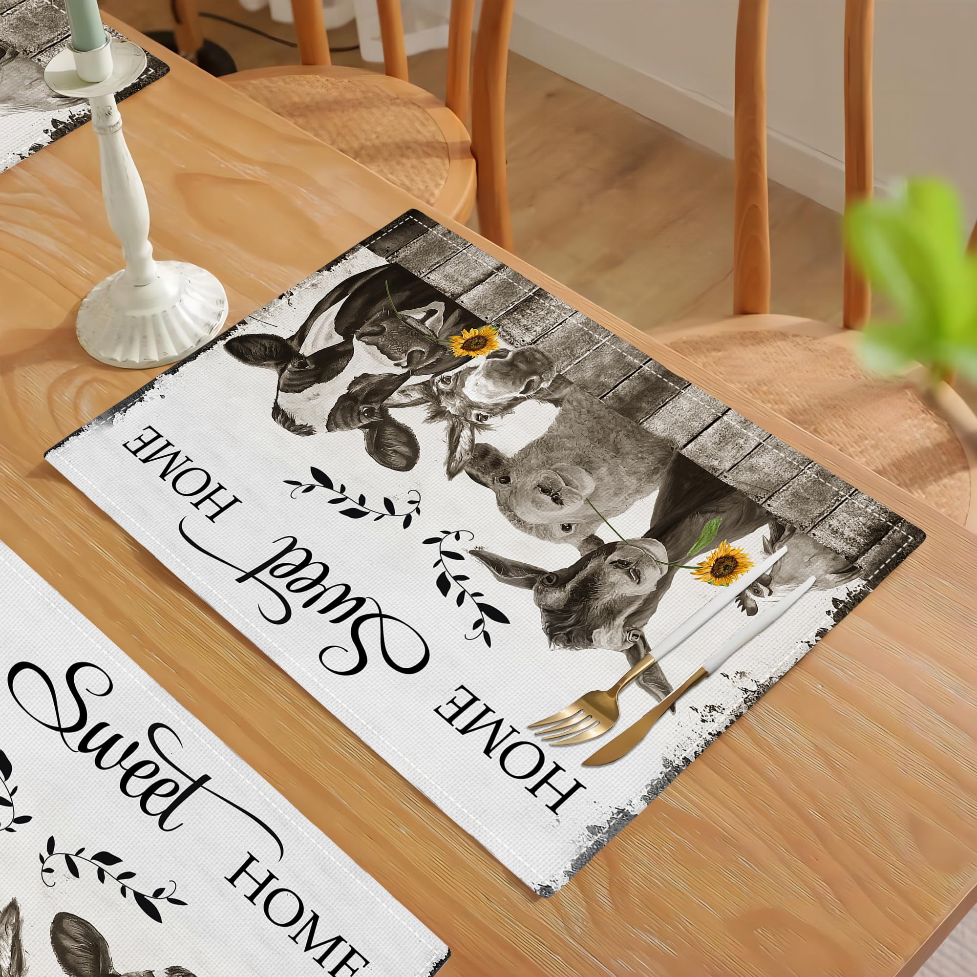 Farmhouse Placemats Set of 4 Funny Animal Table Mats Black and White Washable Place mats for Party Kitchen Dining Decoration 12x18 Inch