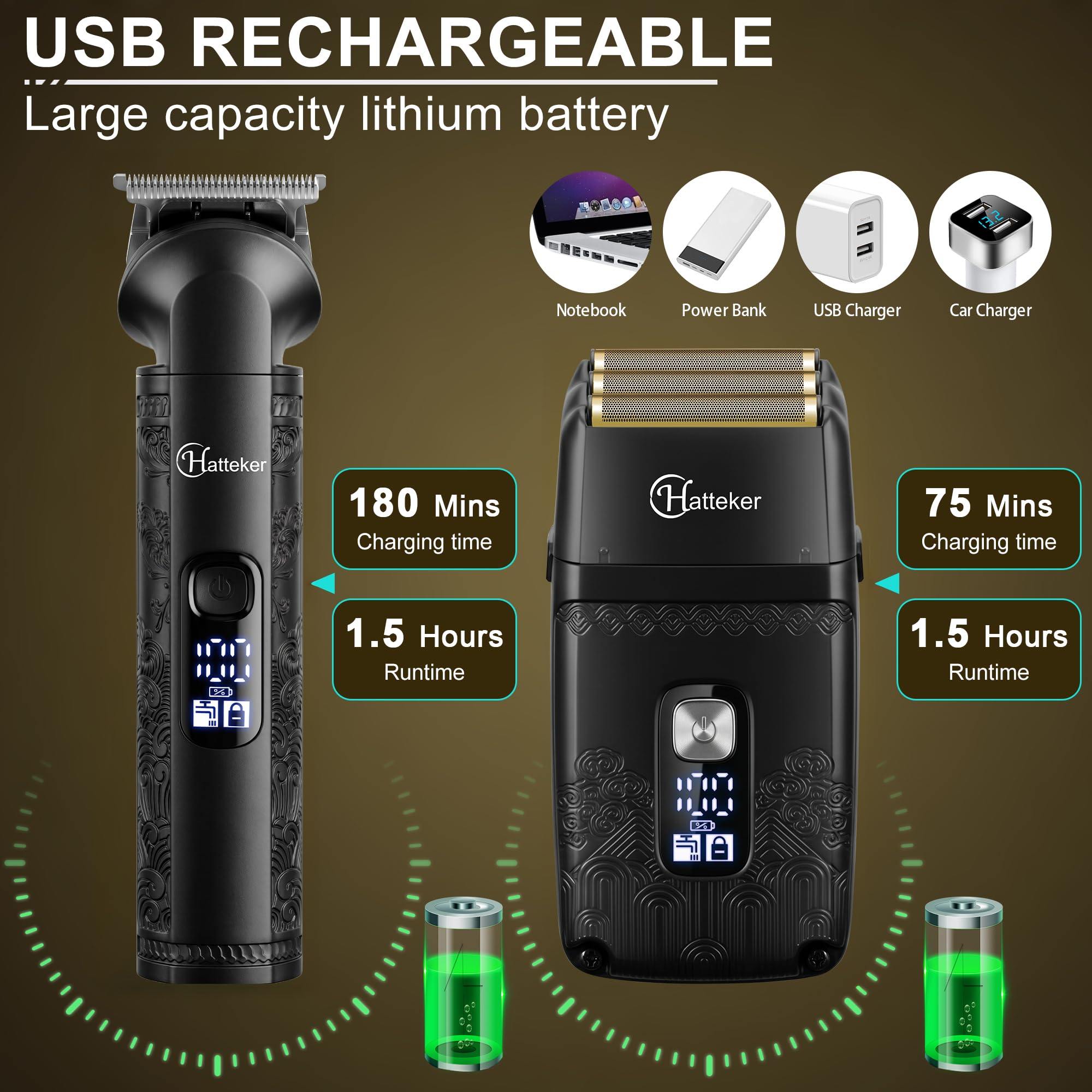 Hatteker Tagliacapelli Uomo Rasoio Elettrico Barba Professionale Regolabarba Uomo Macchinetta per Capelli Tagliabarba Trimmer Impermeabile