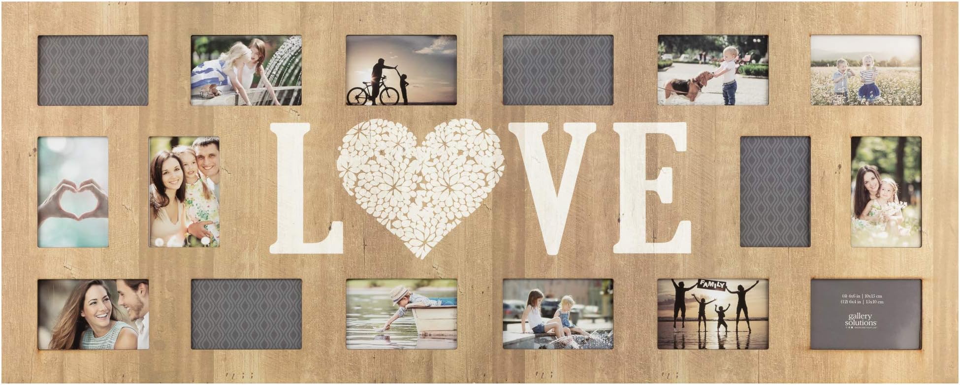 Gallery Solutions16 Opening Rustic Woodgrain Love Wall Mount Collage Frame, 19" x 47"