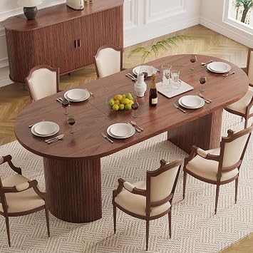 70.8" Dining Table for 4-6 Oval Dinner Table w/Curved Base Walnut | Mid-Century Modern Kitchen Tables, Dining Room Table with Footpads, Dinner Tables for Living Room, Dining Room