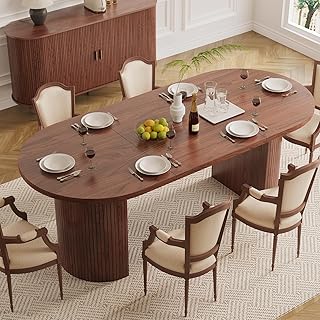 ONBRILL 70.8 Inch Dining Table for 4-6, Oval Dining Room Table with Curved Fluted Wood Strip Base, Mid-Century Modern Kitchen Tables with Footpads, Dinner Tables for Living Room, Dining Room, Walnut