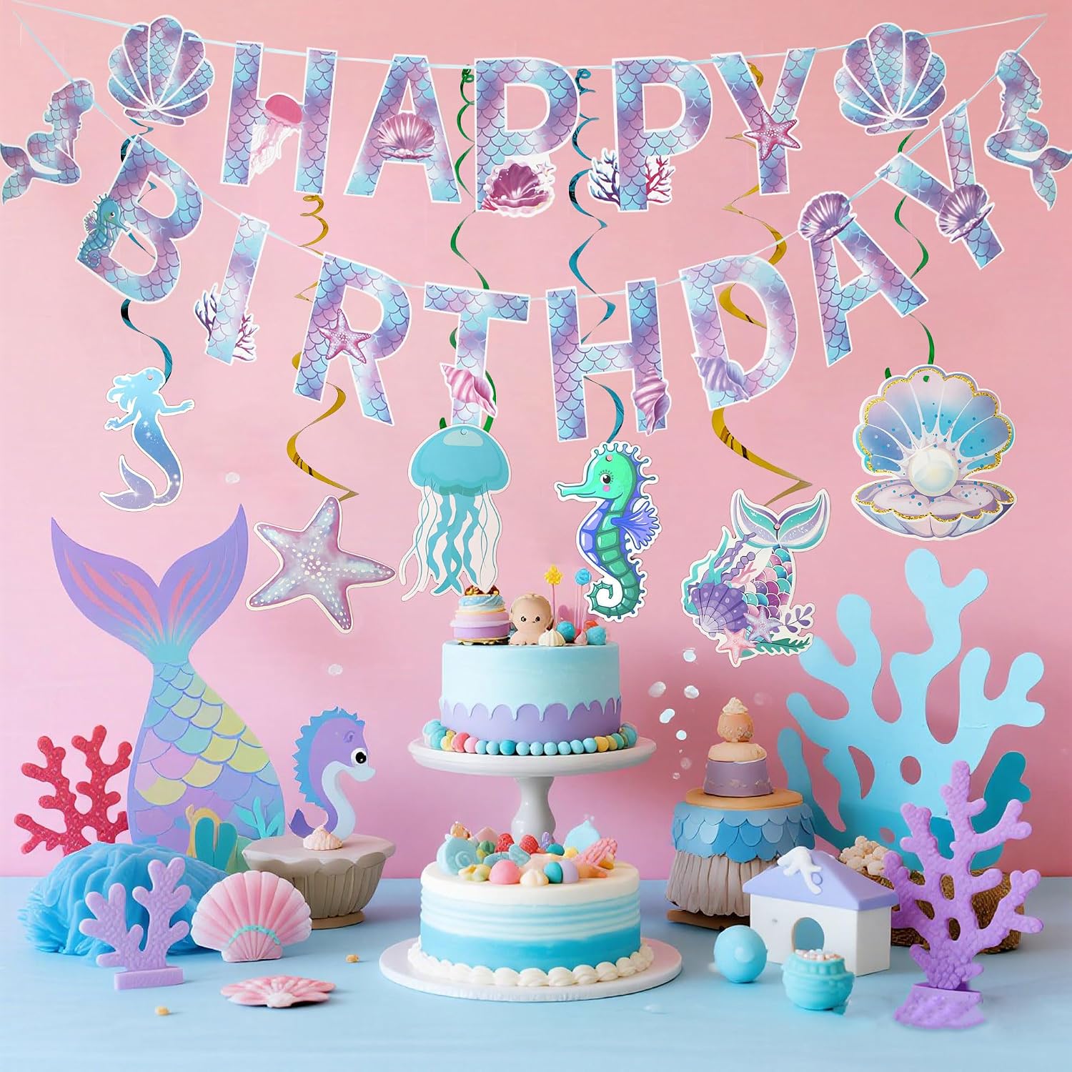 Mermaid Birthday Banner with Hanging Swirls for Girls Birthday