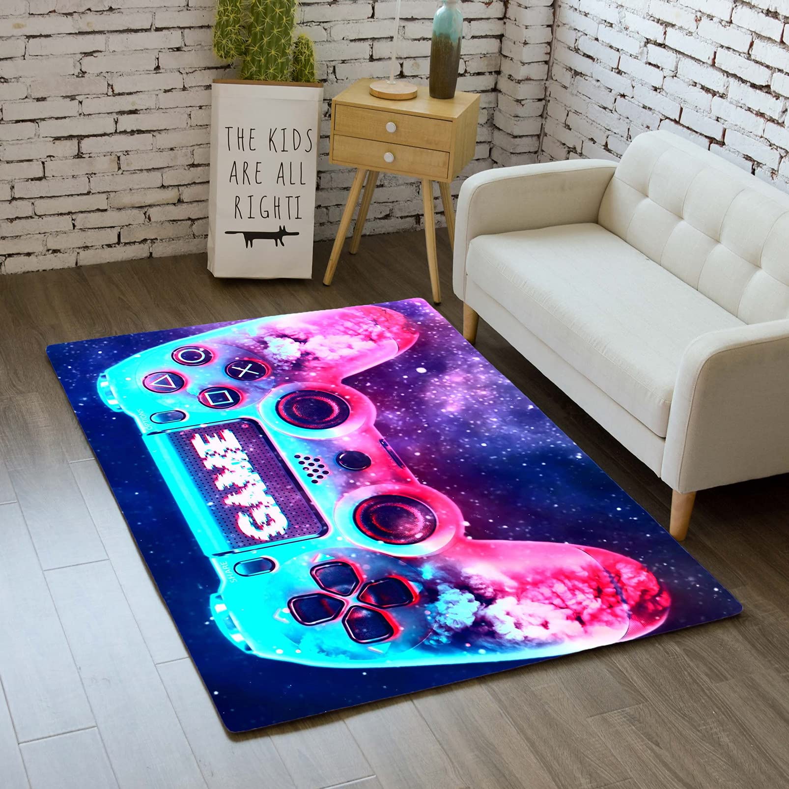 Tapis Gaming Chambre Enfant/Ados – Graffiti Manette Gamer Orange – 160x200 Cm – Flanelle Doux Antidérapant Lavable