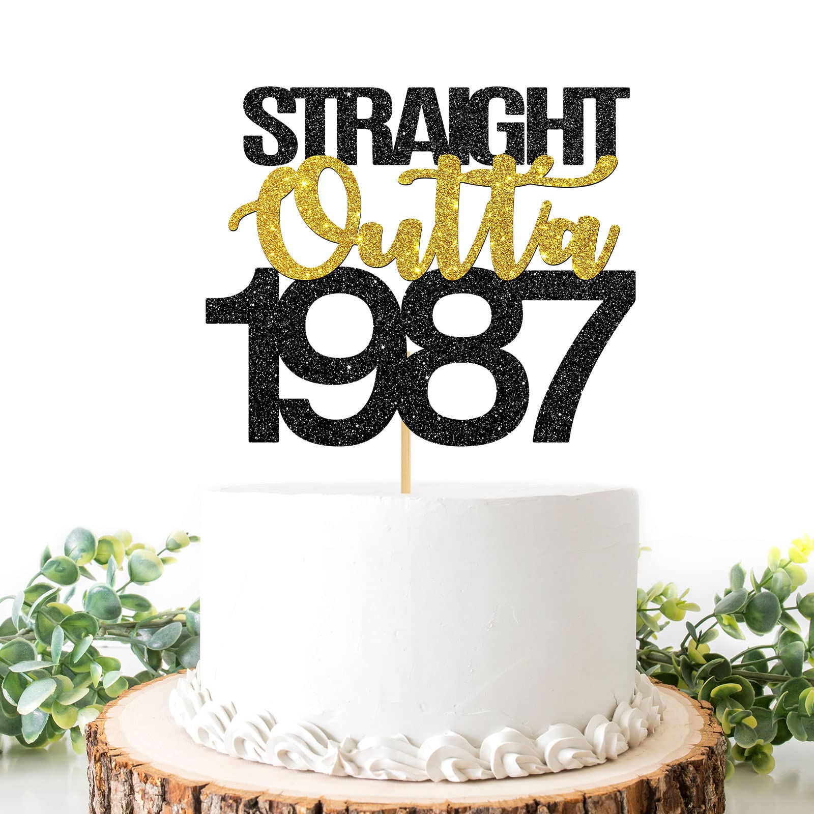 Black Golden Glitter Straight Outta 1987 Cake Topper, Happy 40th Birthday Cake Decor, Cheers to 40 Years, Adult 40th Anniversary / Vow Renewal Party Supplies for Women or Men - Double Color