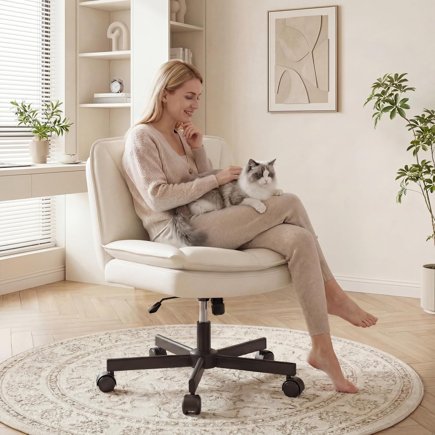 DurayLoly Criss Cross Office Chair, Cross Legged Office Chair with 2 Layer Cushion, Desk Chair Comfy for Home Office, Bedroom, Make-up Room, PU Leather, Beige