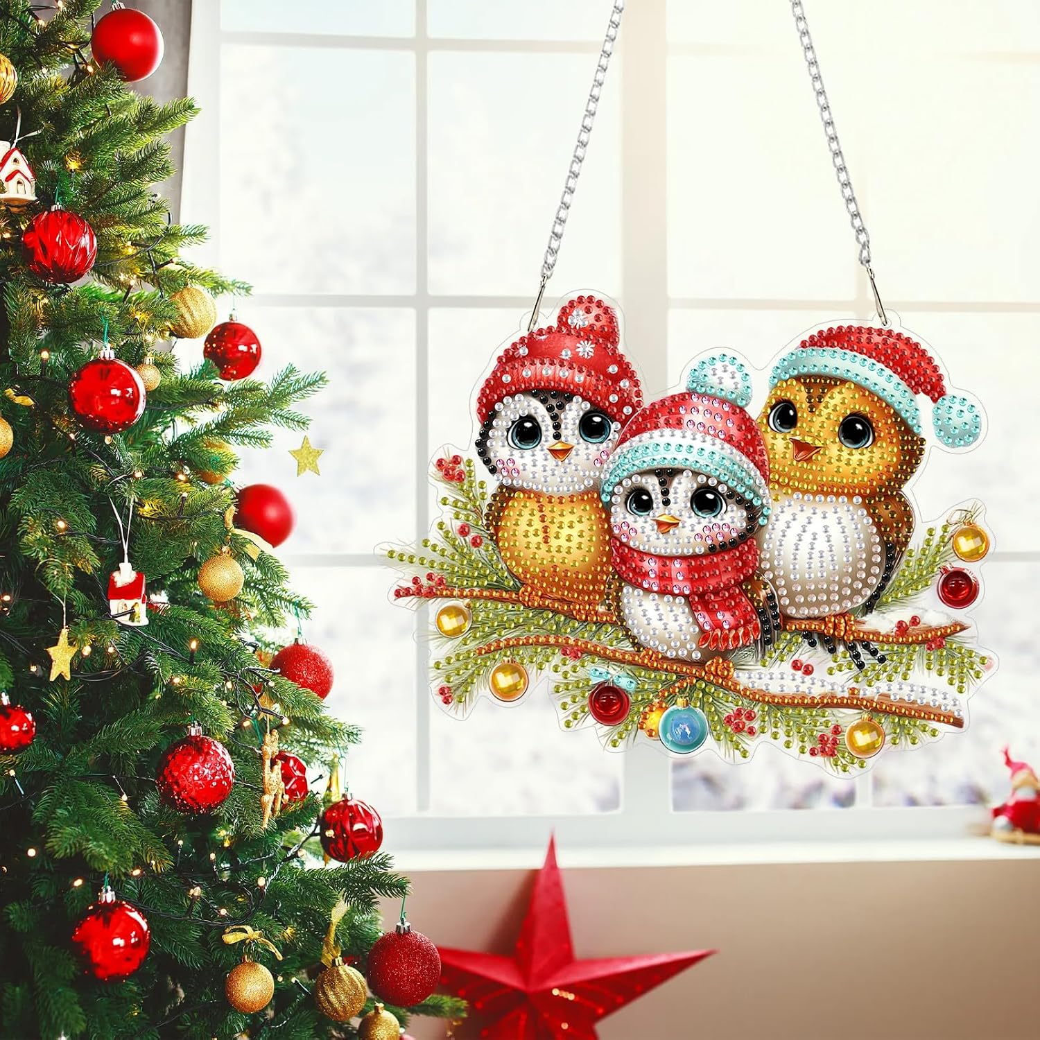 MEIYUDA Christmas Birds Diamond Art Hanging Kits for Adult, Cute Winter Birds Diamond painting Hanging Kits Ornaments, DIY Special Shaped Rhinestone Window Pendants kit for Home Garden Wall Decor Gift image 2