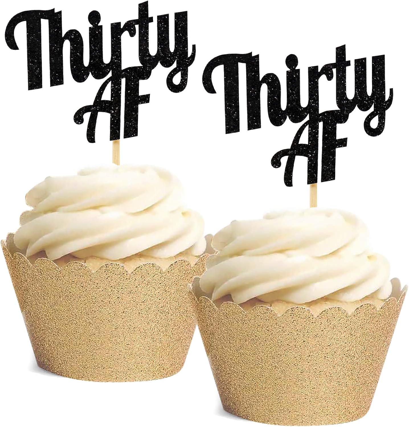 24 (Black) Thirty AF Cupcake Toppers for 30th Birthday 30th Anniversary Retirement Black Glittery Party Decorations