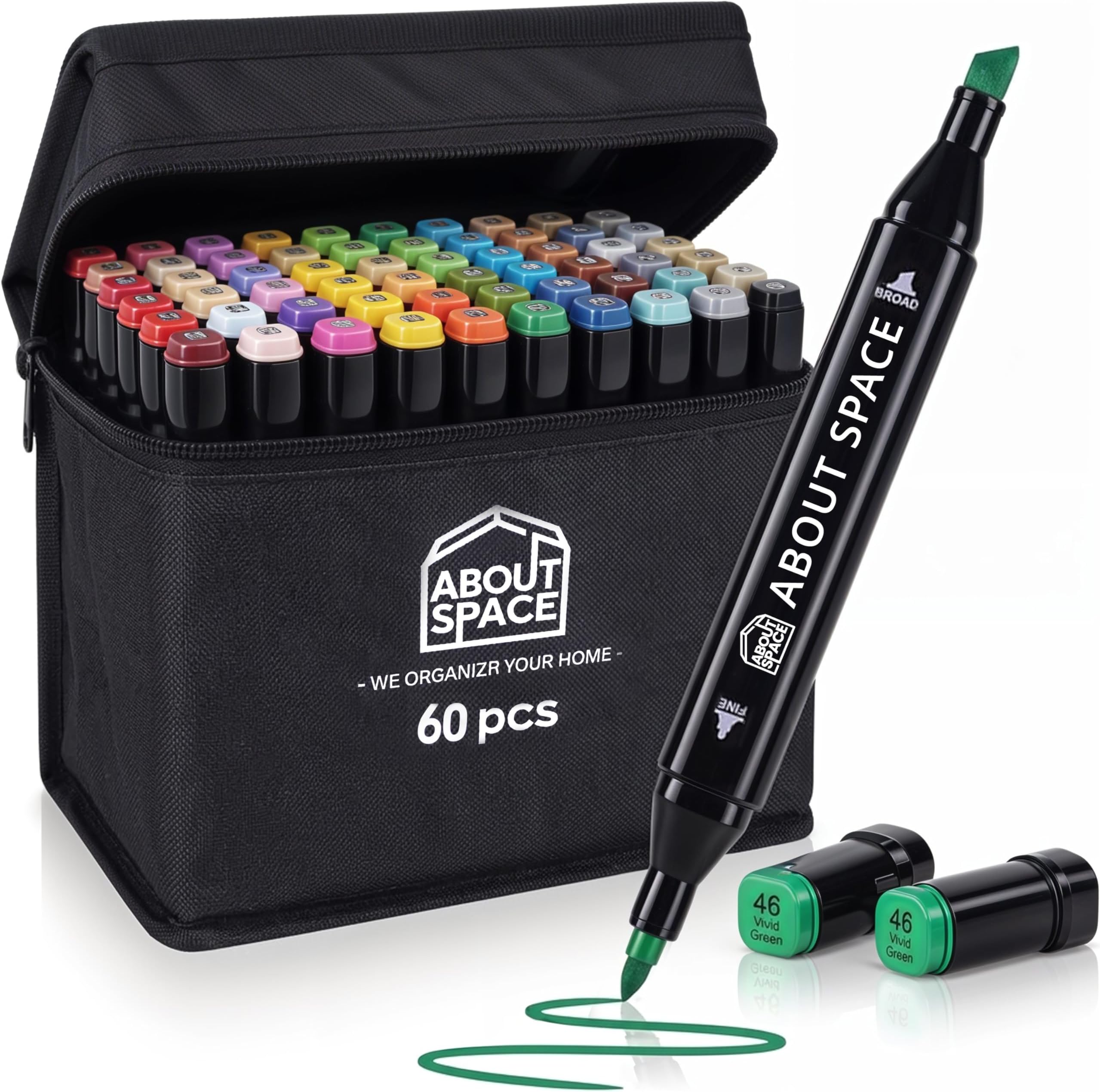 ABOUT SPACE Dual Tip Alcohol Markers-60 Colours with Carrying Case - Sketching Calligraphy Drawing Odorless Non-Toxic Acid-Free Twin Head Colouring Marker for Kids Birthday Return Gift School Supplies
