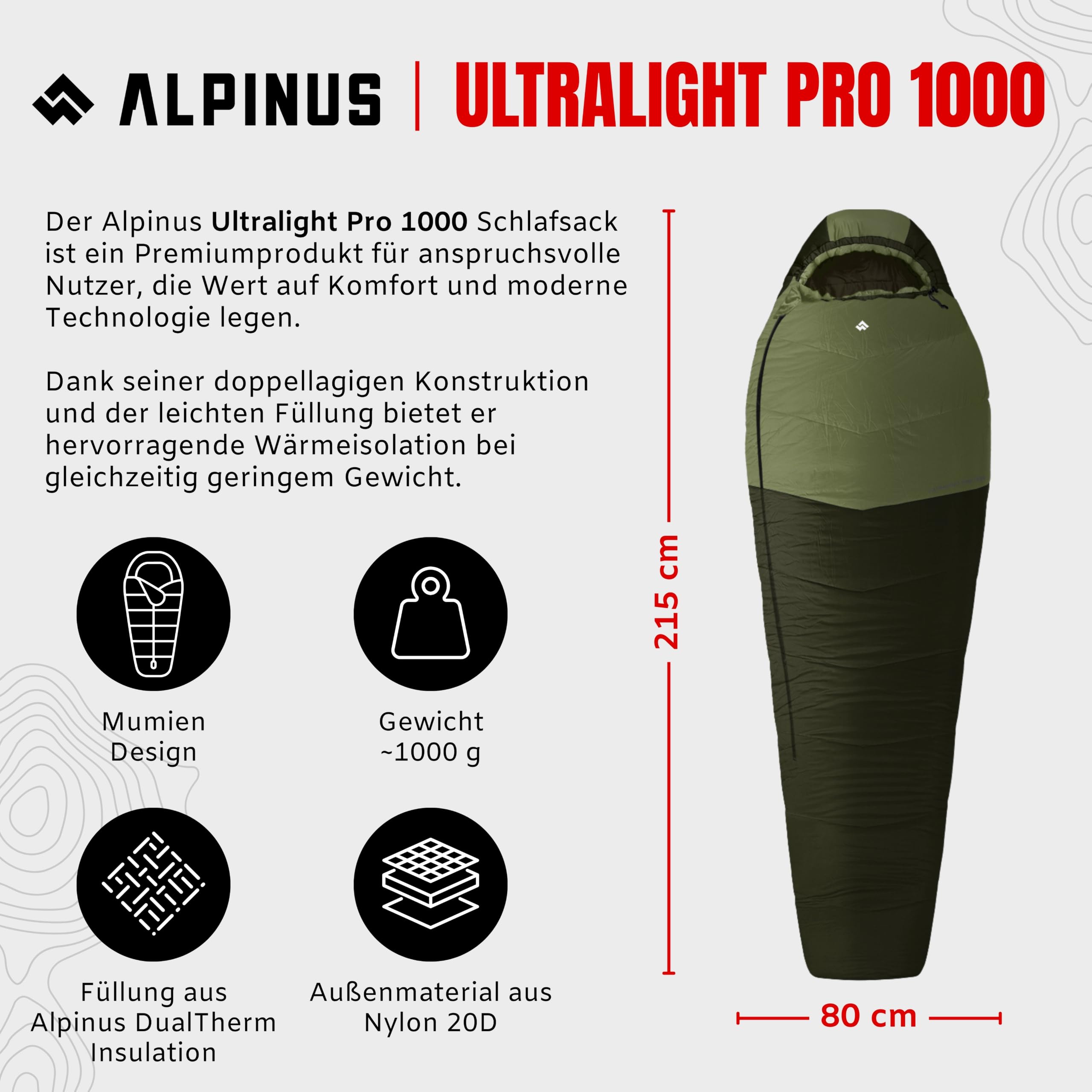 Alpinus - Śpiwór Turystyczny Ultralight Pro 1000, Lekki Śpiwór Typu Mumia 215 x 80 cm, z Dwuwarstwową Izolacją, Kempingowy, Pokrowiec z Możliwością Kompresji