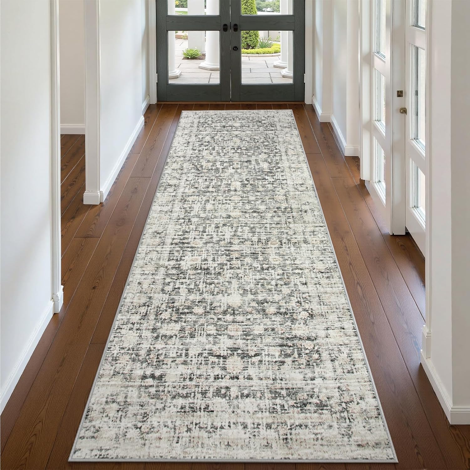 Washable Kitchen Runner Rug Non Slip, Soft Vintage Rug Runners for Hallways, Soft Low Pile Carpet Runners for Hall Entry Laundry Room Bedroom Bedside (2.6x8, Grey/Beige)