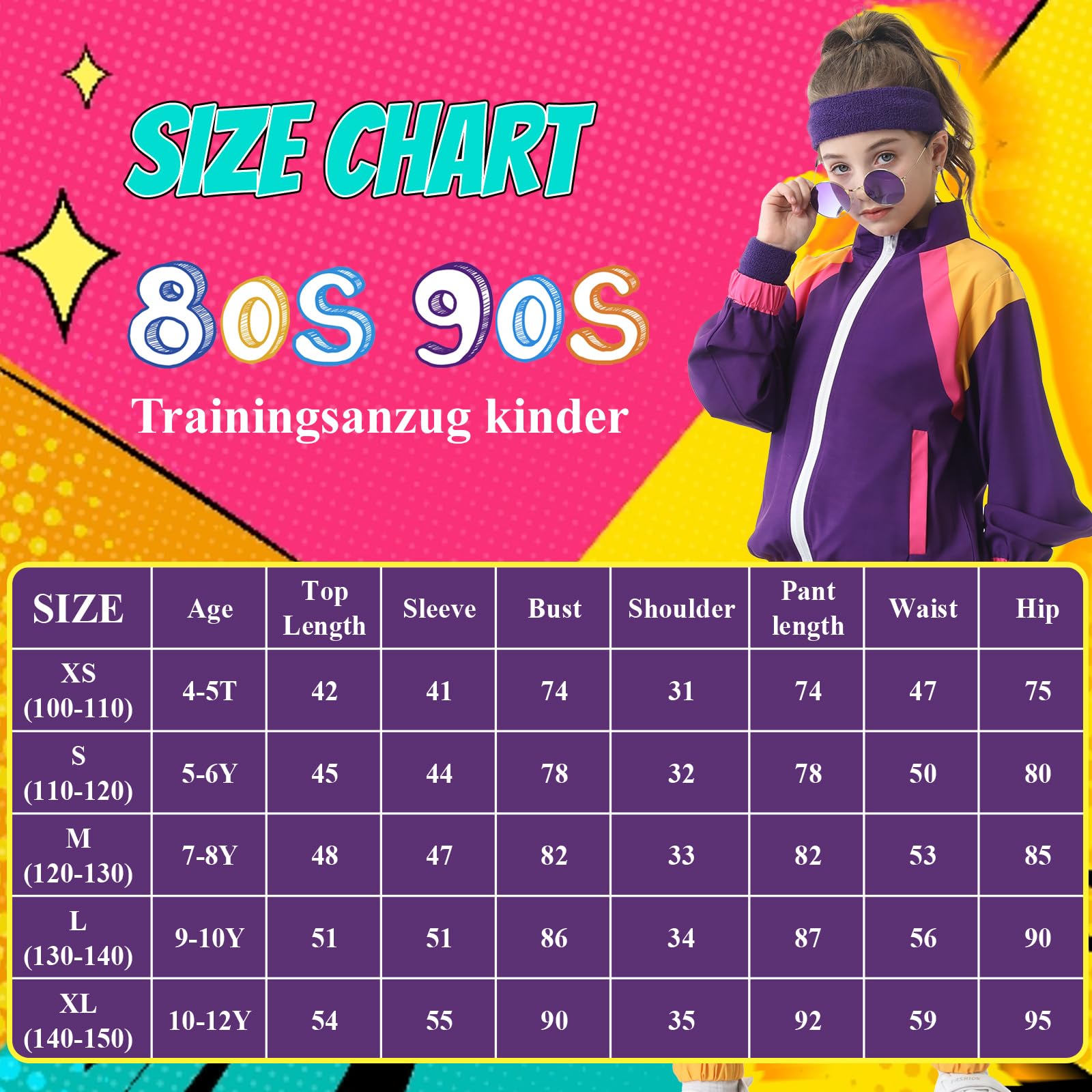 Hislovy 80s Tracksuit for Kids 90s Outfits Boys Girls 6PCS Hip Hop Dance Costume, Colorblock Jacket for Retro Theme Party (Purple, 130) - Image 2