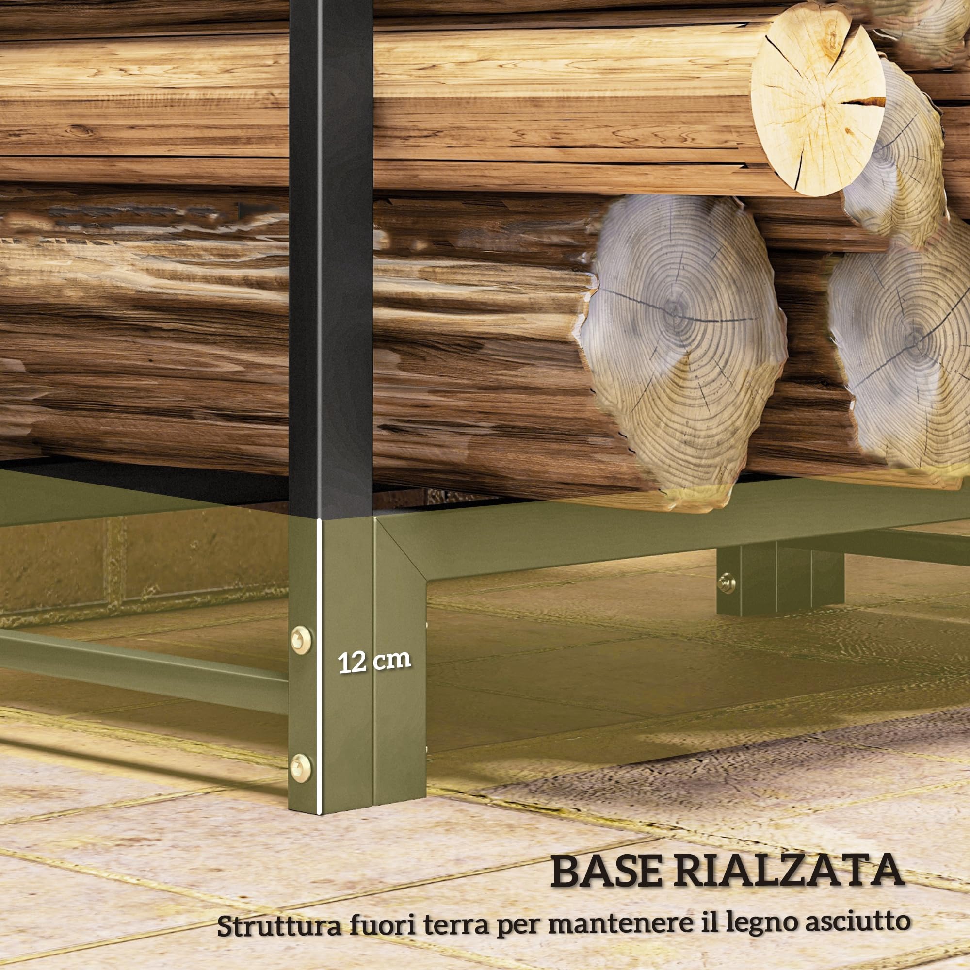 Outsunny Portalegna da Esterno a 2 Sezioni, Portalegna per Camino con 6 Gambe e 3 Anelli, 123x32x115 cm, Nero