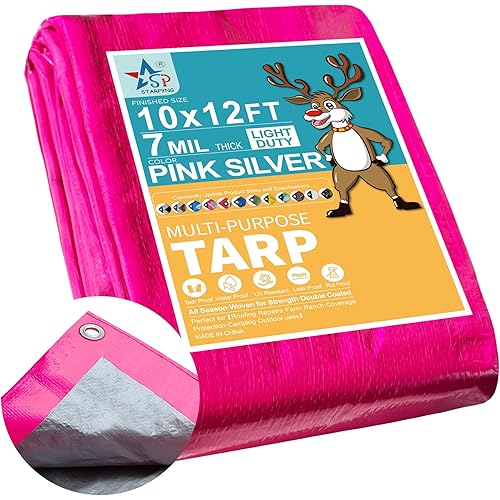 STARPYNG-7 Mil Pink/Silver 10x12 Feet Tarp-Multifunctional Waterproof Tarpaulin-Waterproof, UV Resistant, Rip and Tear Resistant, Poly Tarpaulin with Reinforced Edges for Cover