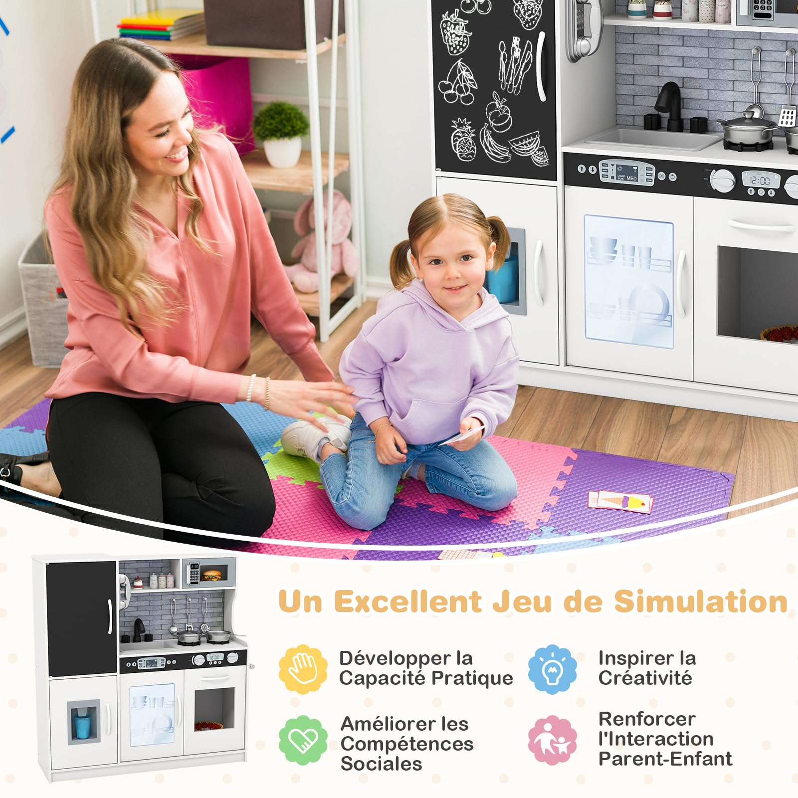 COSTWAY Cuisine Enfants en Bois avec Tableau Noir & Téléphone, Jeu de Cuisine Enfants avec Micro-Ondes & Machine de Glaçons, Jeu d’Imitation pour Enfants de 3-6 Ans, 82 x 24 x 80 cm (Beige)