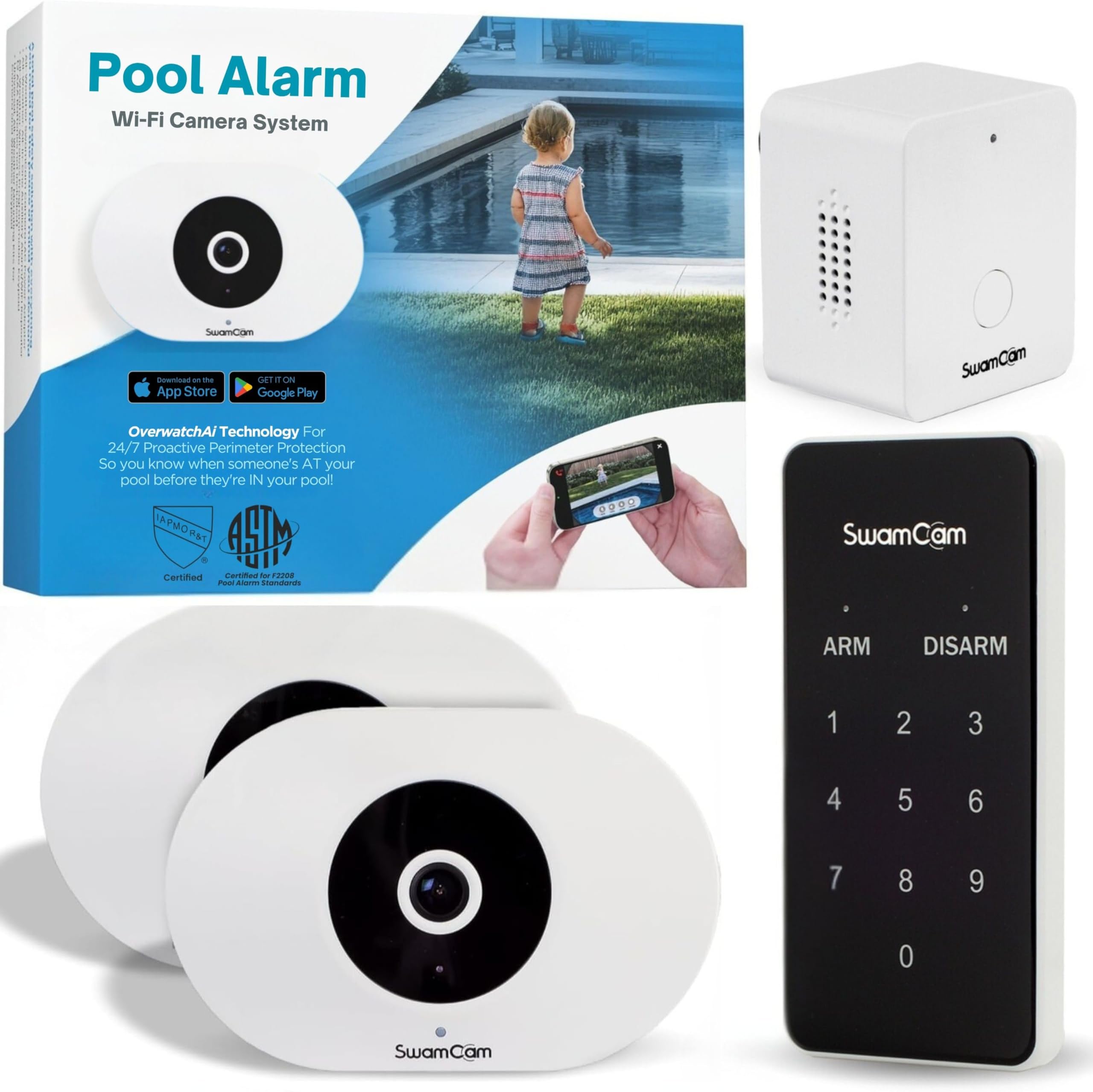 SwamCam Pool Alarm Dual Wi-Fi Camera System for Larger Pools – ASTM F2208 Certified – Smart Pool Safety for In-ground & Above-Ground Pools – Real-Time Alerts & Live View, with Wi-Fi Repeater