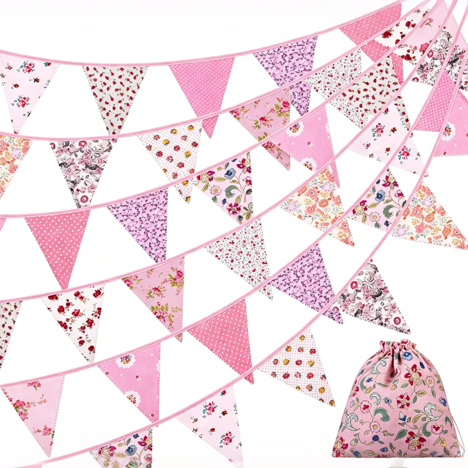 Beyinkoy Floral Bunting Banner, 12M/39Ft Reusable Triangle Flag Banner with Storage Bag, 42 Pcs Cotton Fabric Flags Pennant Garlands for Birthday, Wedding, Baby Shower, Room Decor (Pink)