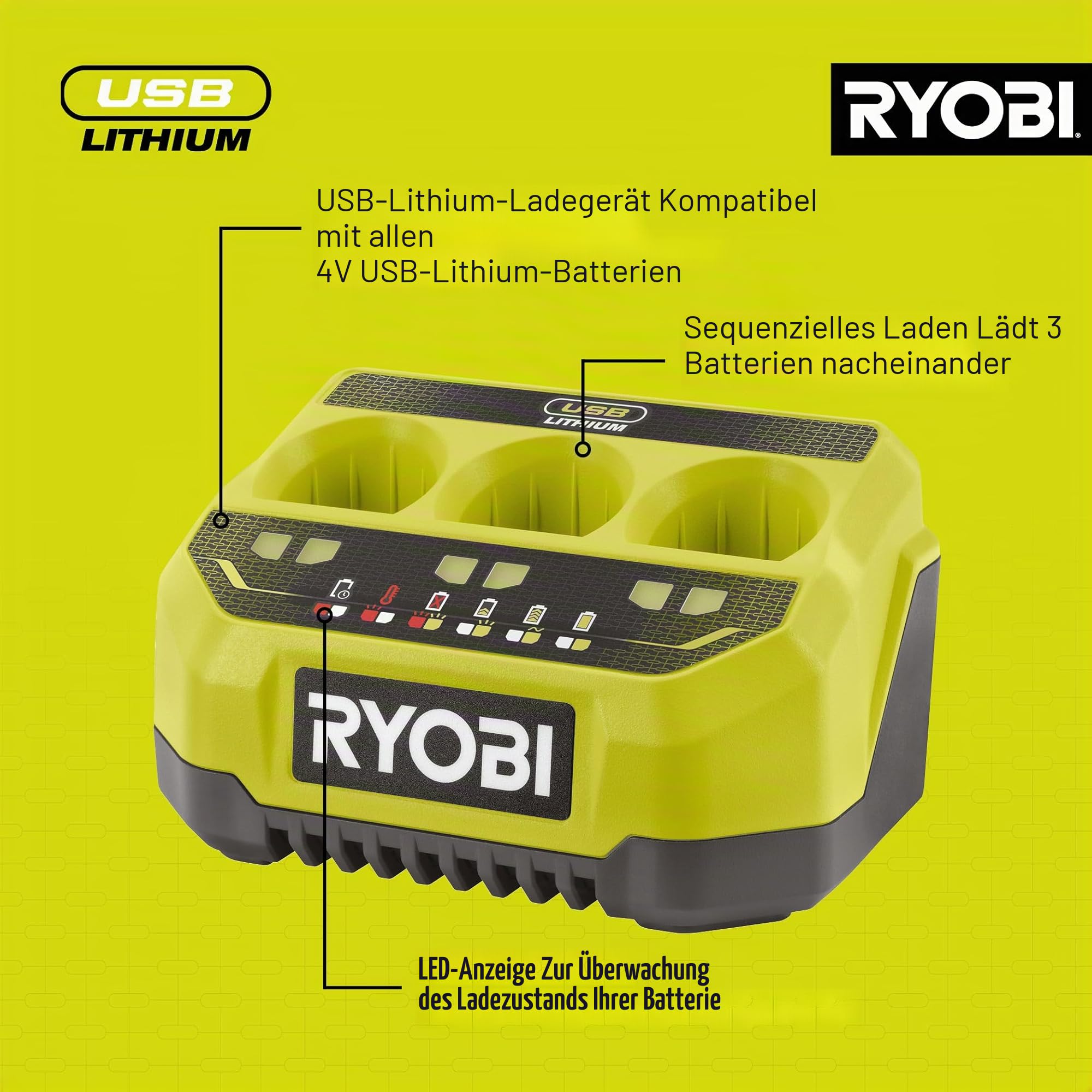 RYOBI 4 V USB-Lithium 3er Akku-Ladegerät RC43P, Sequenzielles Ladegerät mit bis zu DREI Akku Steckports