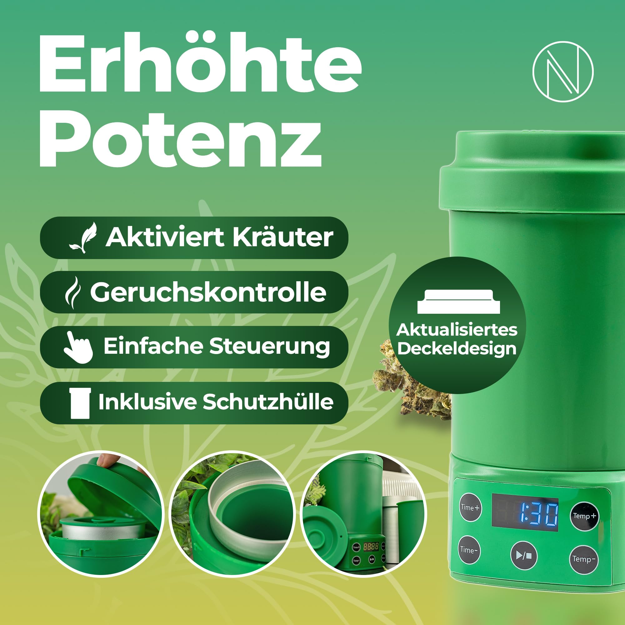 Nebula Boost-Dekarboxylator Und Aufgussgerät | Verschwendungsfreier | Grün | Aktivierung Von Kräutern Und Aufguss Von Butter Und Ölen. Einfache Bedienung, Buttergerät, Neuer Deckel