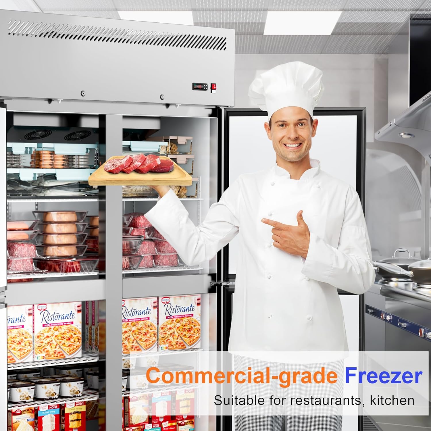 48"W 4 Door Commercial Freezer, 36 Cu.ft Stainless Steel Upright Freezer (-8℉ to -1℉) with 8 Adjustable Shelves, Lockable Door, Wheels, Auto-Defrost for Restaurant, Kitchen, Shop