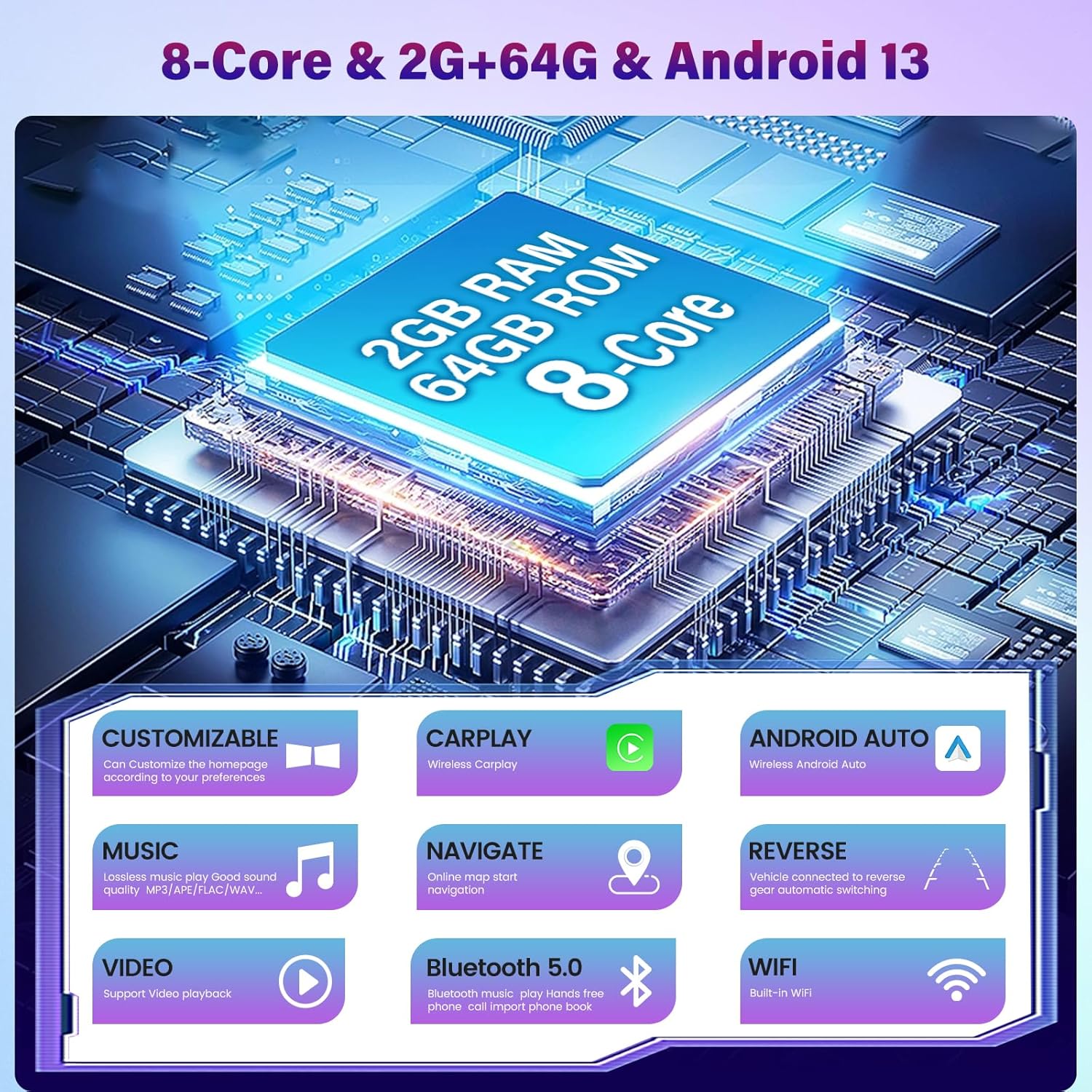 8-Core Android 13 Upgrade Stereo for Jeep Grand Cherokee 2008-2013 with DSP 32EQ - 2 64G 9 inch IPS Touchscreen Radio - Wireless Carplay/Android Auto/WiFi/SWC   AHD Backup Camera   Canbus