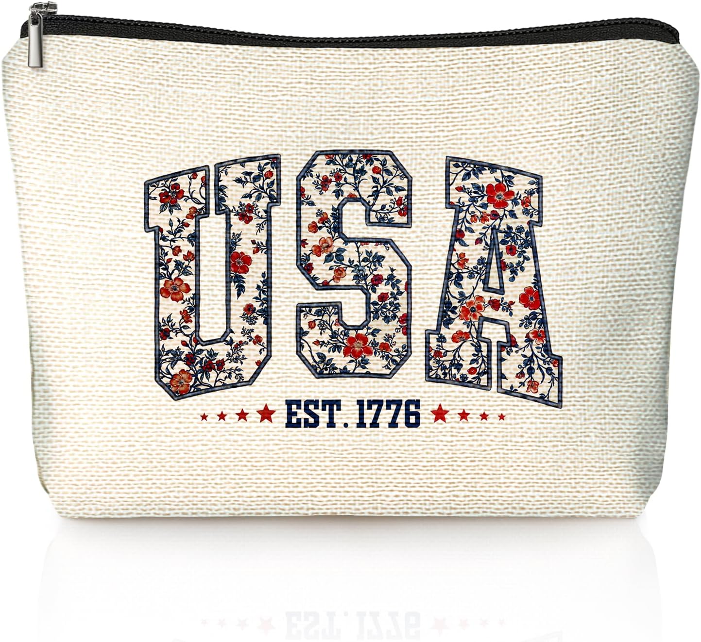 Retro Floral USA 4th of July Makeup Bag, America Patriotic Cosmetic Bags for Women, Red White and Blue USA Toiletry Bag for Women, cosmetic bag, makeup case