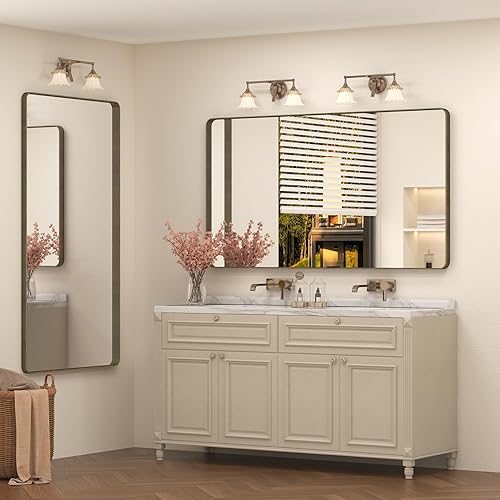 Miniatura 5 de Espejo de baño de bronce de 60 x 30 pulgadas para pared, espejo de tocador de baño con marco de bronce cepillado, espejo rectangular redondeado,