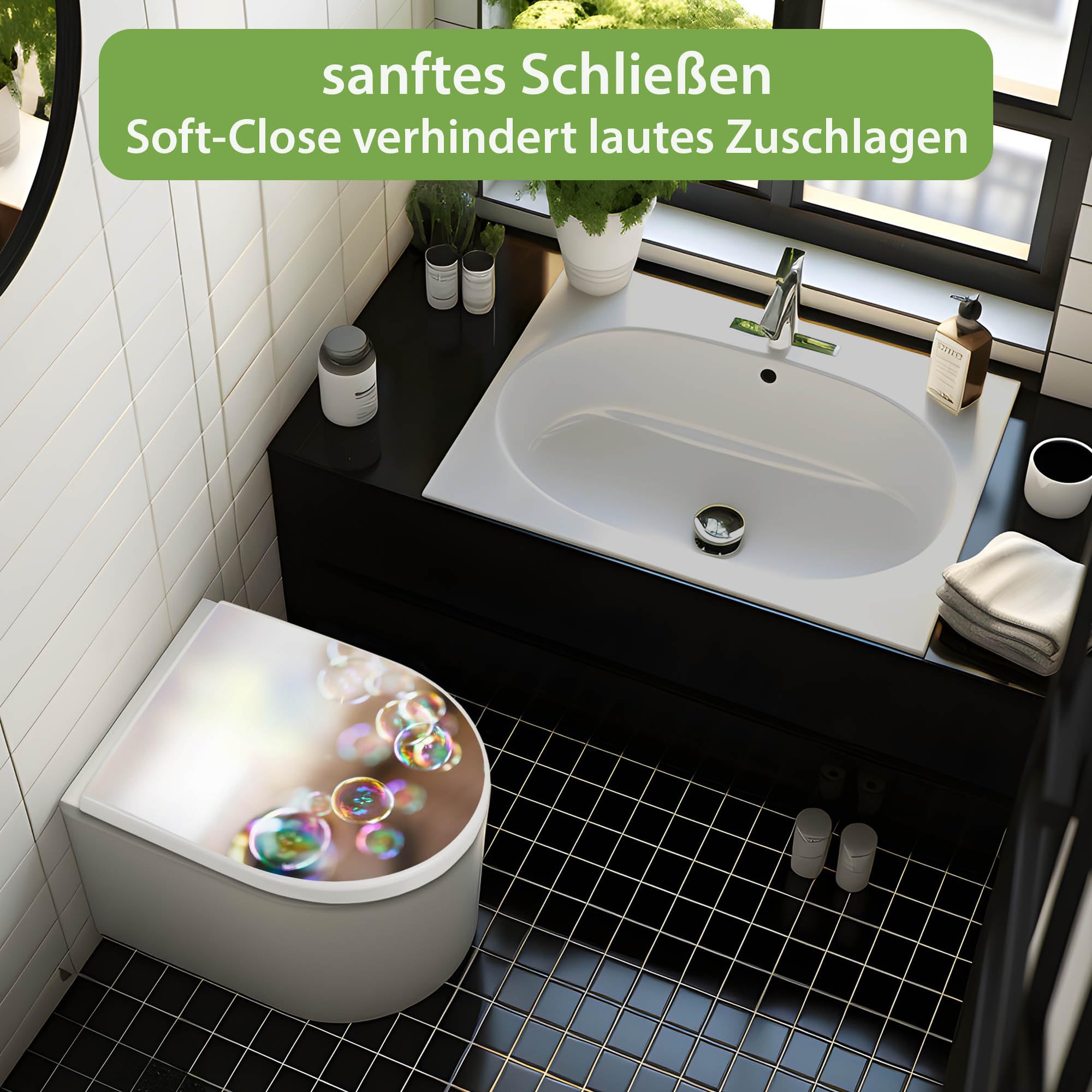 banjado WC Sitz mit Absenkautomatik D Form - Toilettendeckel mit Absenkautomatik D Form - Klodeckel Softclose - stabile Klobrille - Toilettensitz Weiß - Motiv Seifenblasen