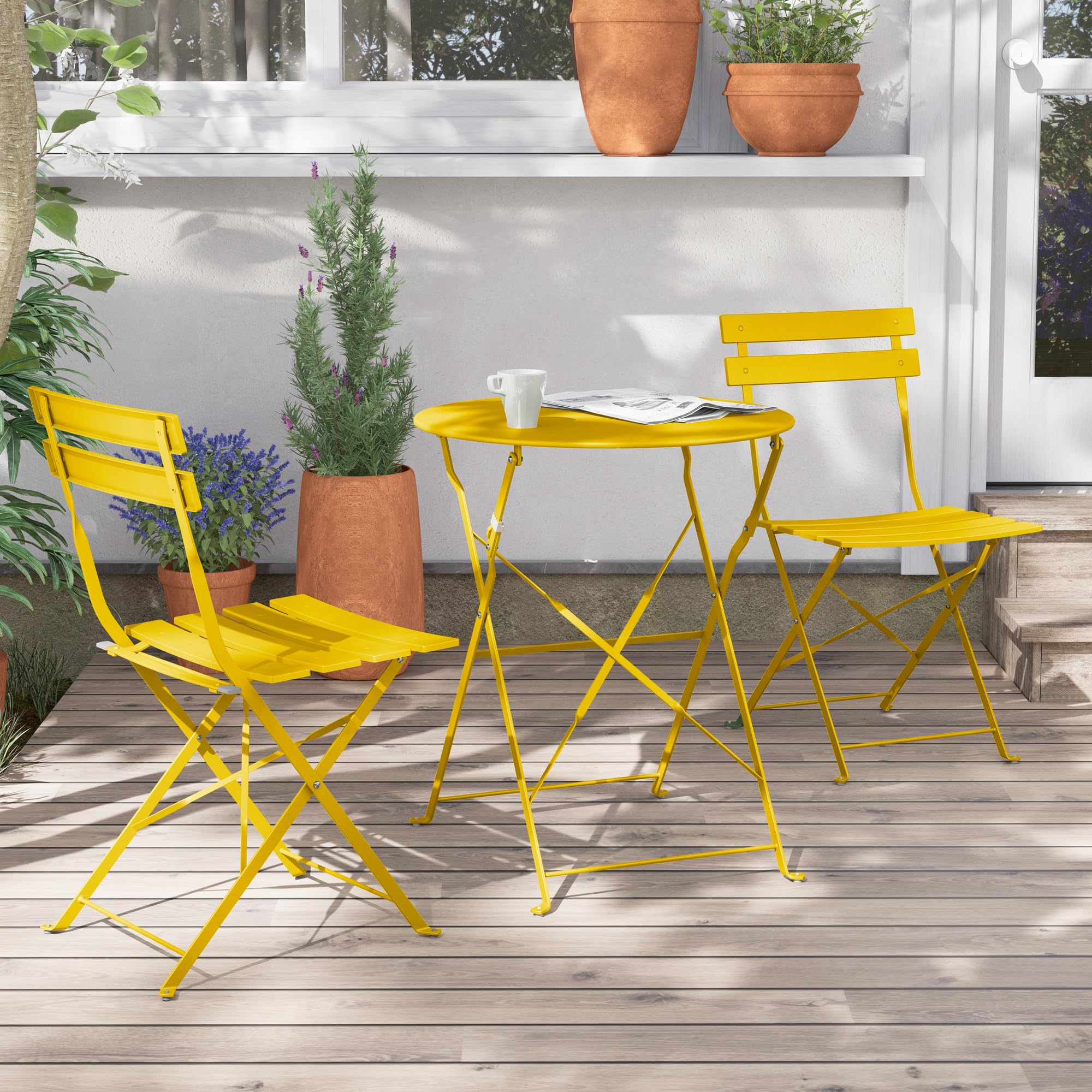 Grand patio Set Bistrot, 1 Tavolo e 2 Sedie, Ripiegabile, Set da Balcone, Struttura in Metallo, Vari Colori,salvaspazio, Set arredo Giardino per Balcone, Esterno (Giallo)