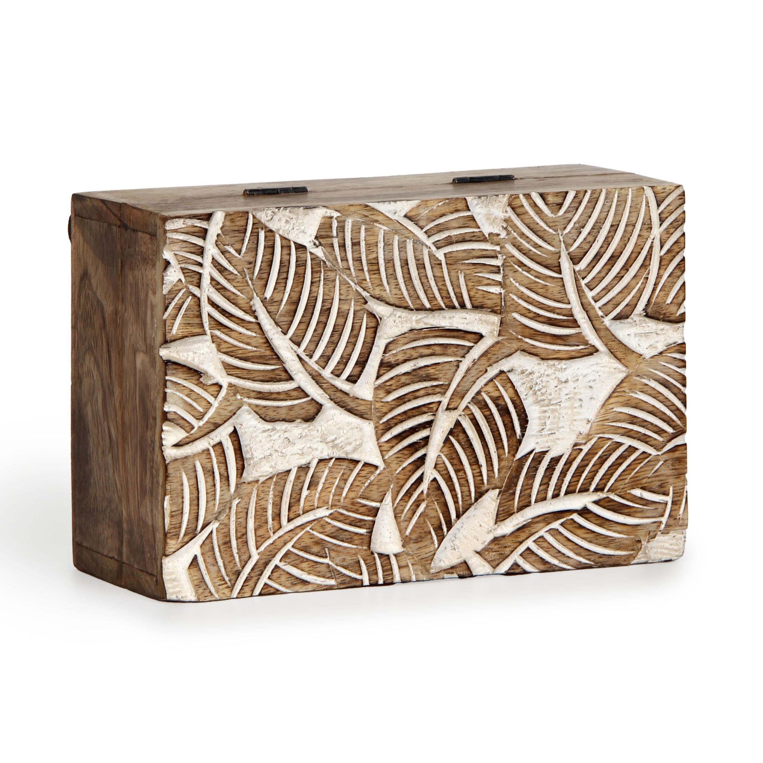 Christmas Gift Wooden Hand White Wash Leaf Design Jewelry Storage Box Holder | Tarot Card Trinket Keepsake Wooden Storage Box Perfect Gifts for Women 6x4x2.5 Inch