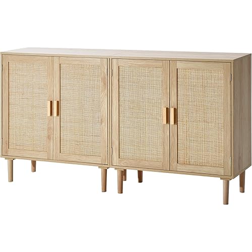 VEVOR Rattan Cabinet, Buffet Cabinet with Storage, Storage Cabinet with 4 Magnetic Doors and Adjustable Shelves, Sideboard Buffet Cabinet for Hallway, Entryway, Living Room, or Kitchen, Natural