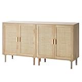 Rattan Buffet Cabinet with Storage, 4 Magnetic Doors and Adjustable Shelves, Sideboard for Hallway, Living Room, Kitchen, Natural