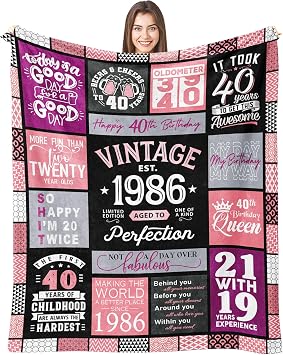 40th Birthday Gifts Women Blanket 60"x 50", 40 Year Old Birthday Gifts for Women, Gifts for 40 Year Old Woman, 1986 Bday Gifts for Woman