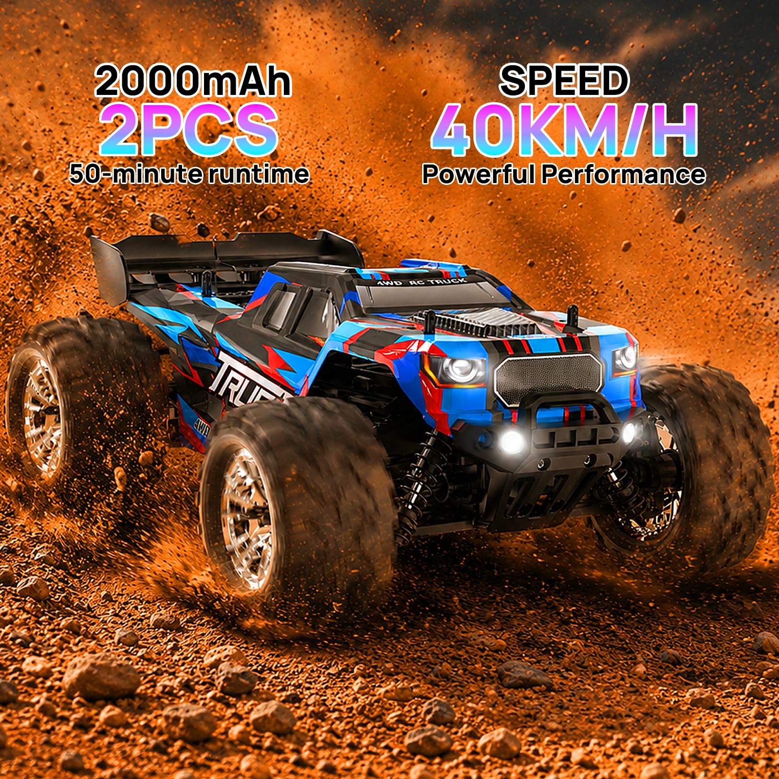 Voiture Télécommandée 40 KM/H, Rapide Monster Truck Télécommandé 4WD Échelle 1:16 pour Adultes, Voiture RC Tout Terrain 4x4 avec 2 Batteries, pour Enfants Garçon