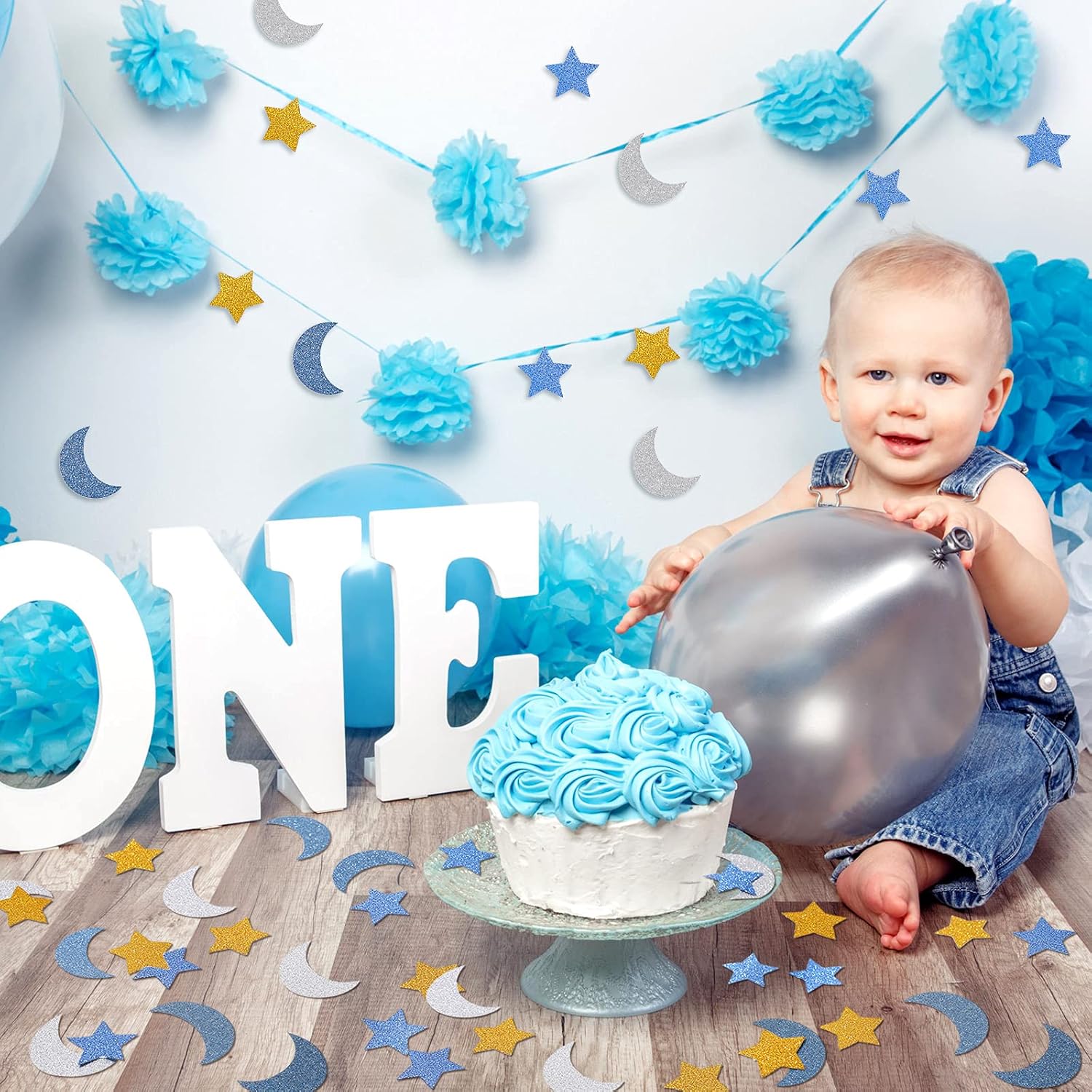 400 Pieces Glitter Star and Moon Paper Confetti Double Side Table Paper Confetti Sequin for Wedding Birthday Baby Shower Moon and Star Party Ramadan Mubarak Decor (Dark Blue, Light Blue, Gold, Silver)