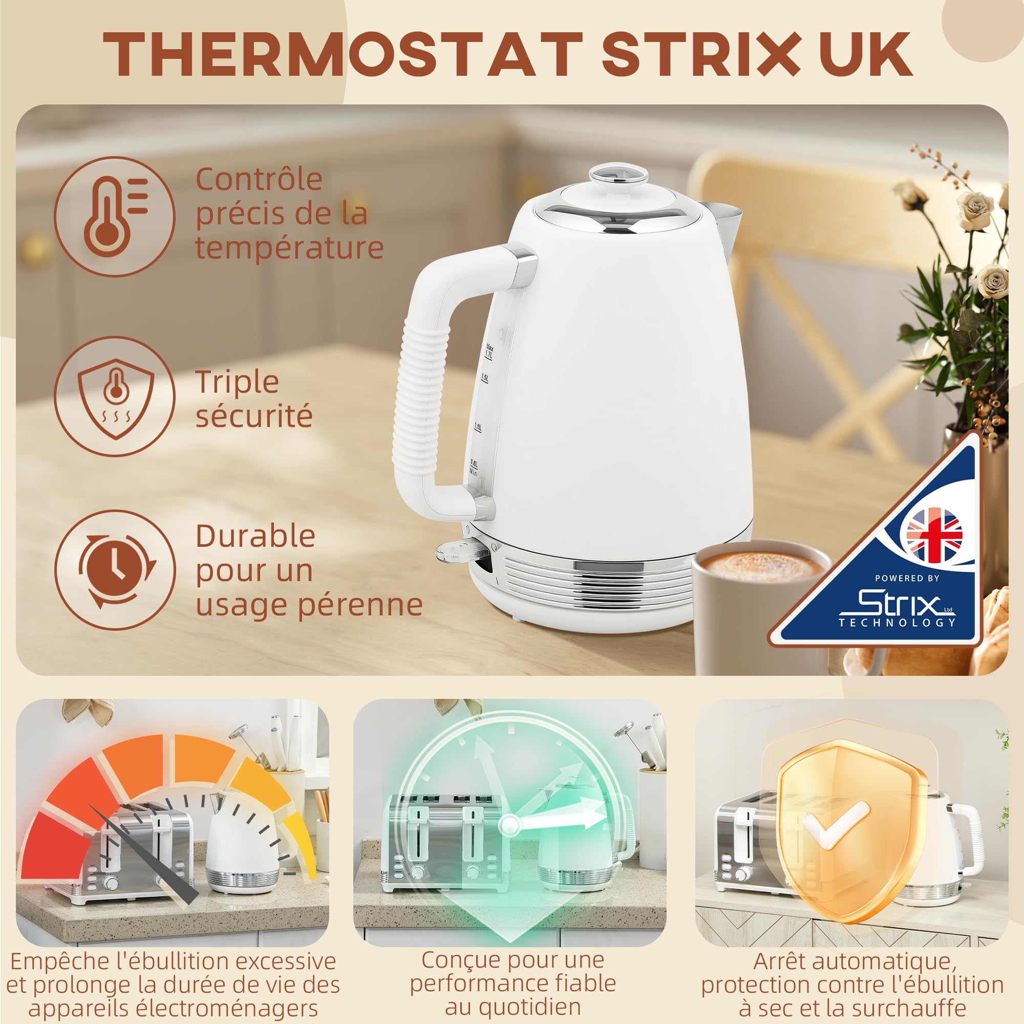 HOMCOM Ensemble bouilloire et grille-pain en inox 2200 W et 1,7 L, grille-pain 4 tranches, 7 niveaux de brunissage, chauffage rapide, thermostat Strix, filtre anticalcaire et plateau à miettes, blanc