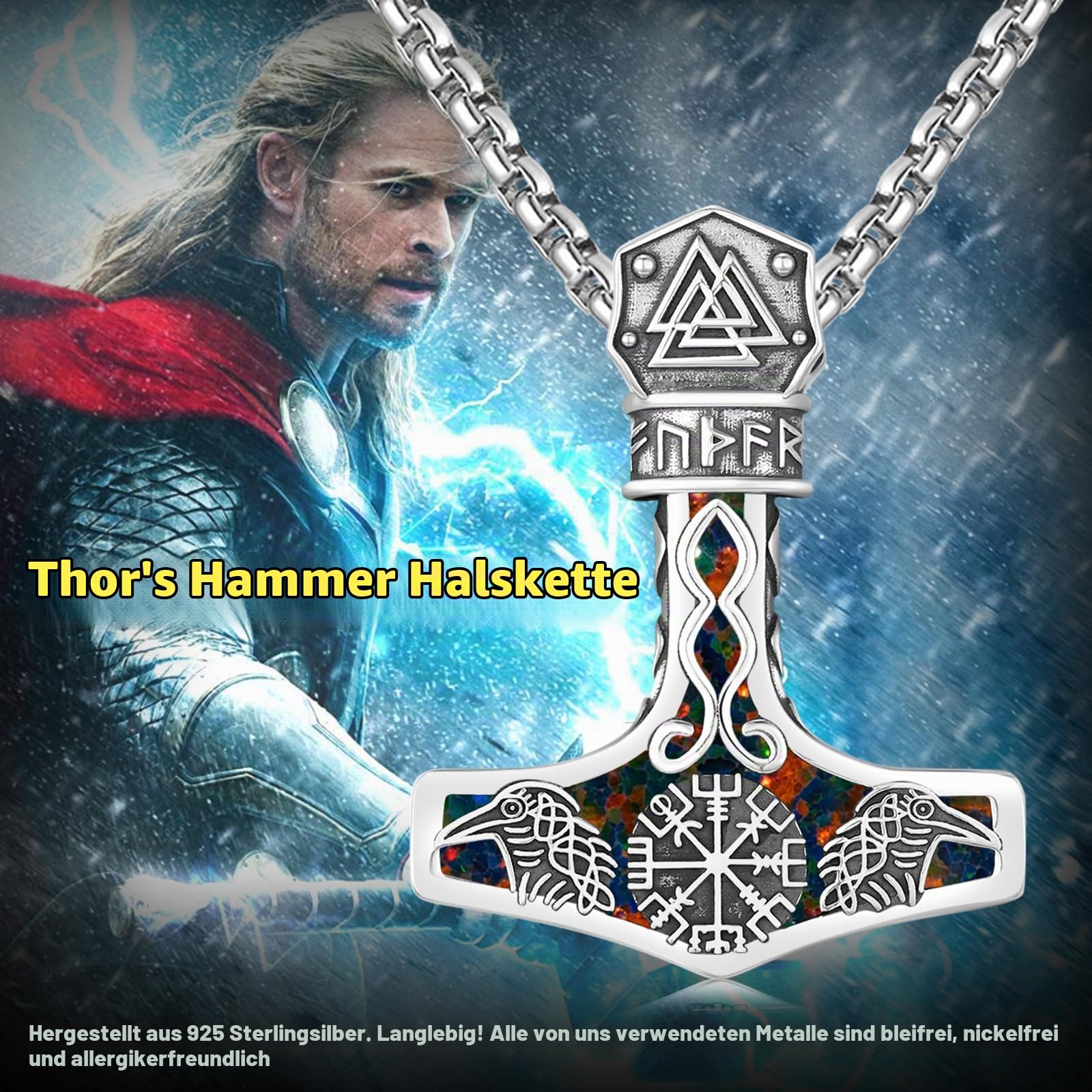 Mjolnir Halskette Sterling Silber Wikinger Kompass Anhänger Thor Hammer Rabe Halskette Nordische Runen Vegvisir Amulett Schmuck Geschenke für Frauen Männer