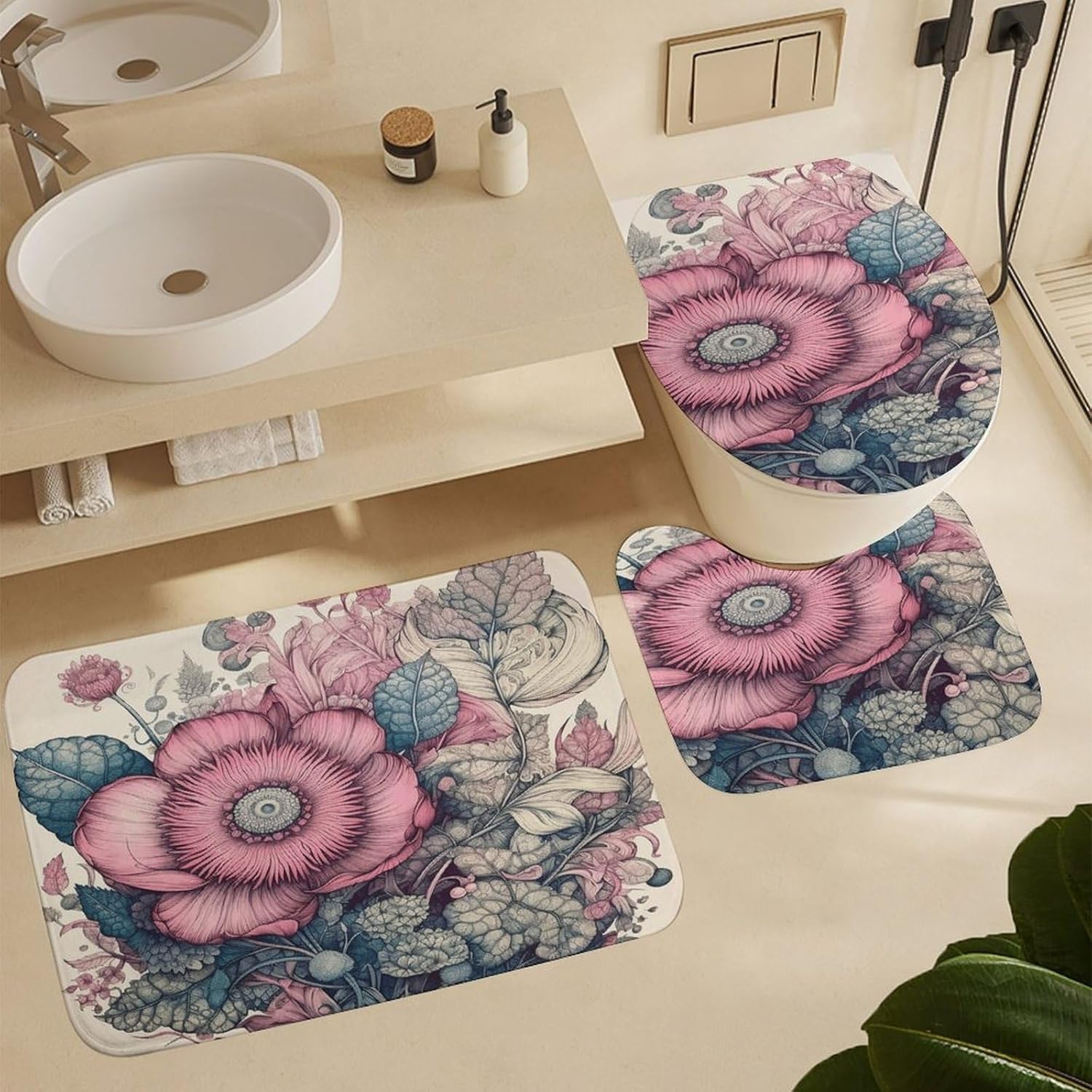 Drawing Beautiful Flower 4Pcs Shower Curtain Set with Non-Slip Rugs, Toilet Lid Cover and Bath Mat,Bathroom Set Decor Accessories,Curtain Set with 12 Hooks, 72 X 72 Inch