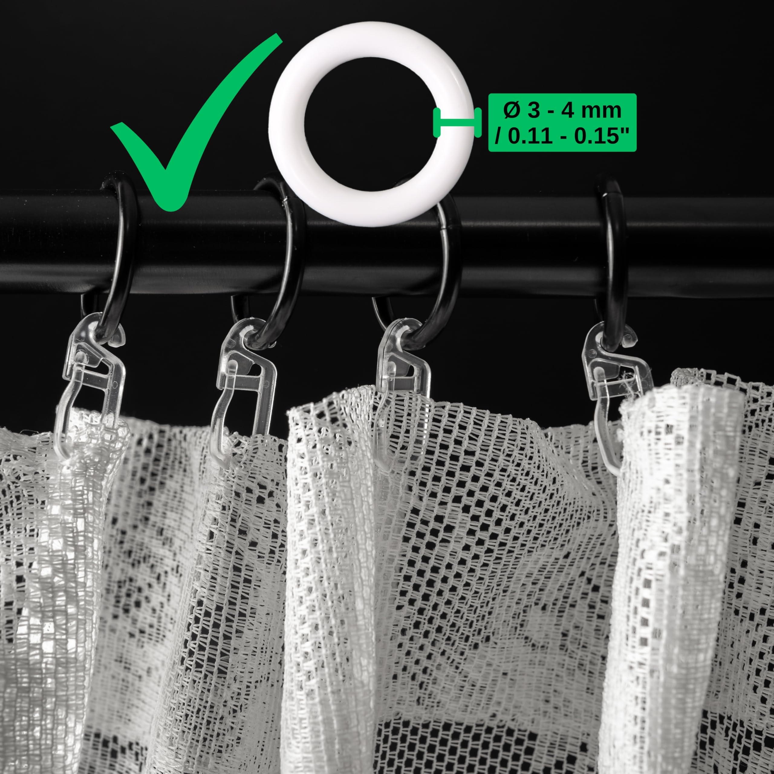 120 x Crochets à Rideaux avec œillets de 4 mm, Utilisables pour Anneaux à Rideaux Jusqu'à 4 mm, pour Rails et Tringles à banne, Accessoires pour courtine, Crochets à Clapser 4