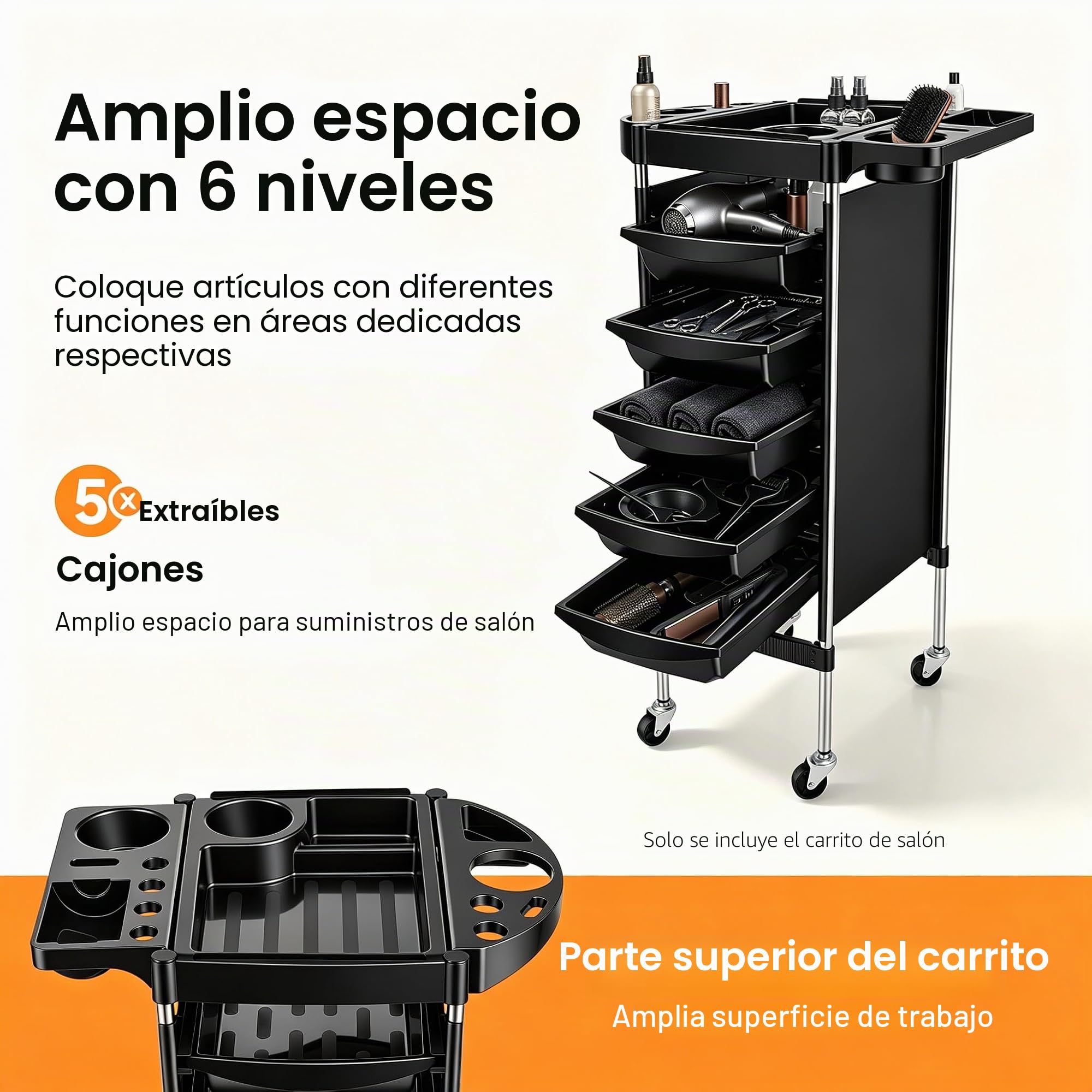 Carrito de peluquería con ruedas, 36 x 85,5 cm, 5 cajones, rectangular, con múltiples orificios para suministros de peluquería, joyas, cosméticos, color negro