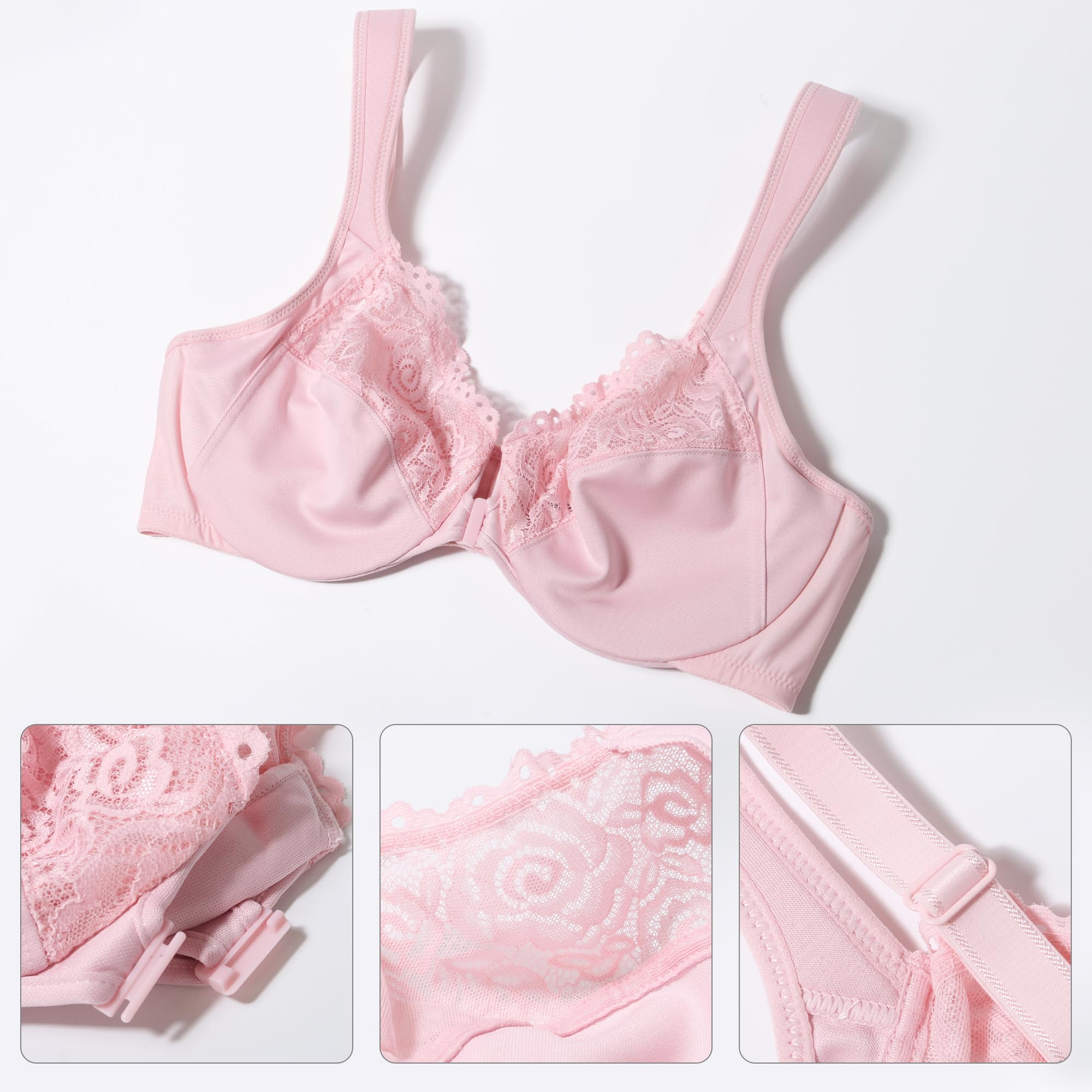 Lemorosy Soutien-gorge de tous les jours pour femme - Grande taille - Non rembourré - Fermeture avant - Bretelles larges - Armatures