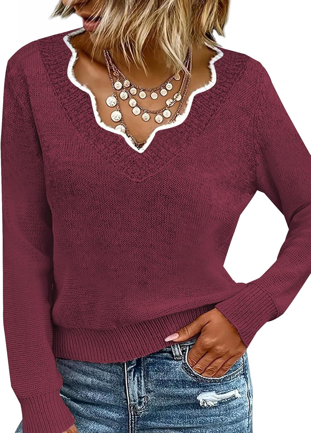 Women Fall Color Block V Neck Pullover Long Sleeve Sexy Cozy Ladies Sweaters Tops