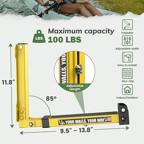 Miniatura 3 de GanFindX Estante de pared plegable para kayak, resistente de 9.5 a 13.8 pulgadas, soporte de almacenamiento de kayak y correas de hebilla de