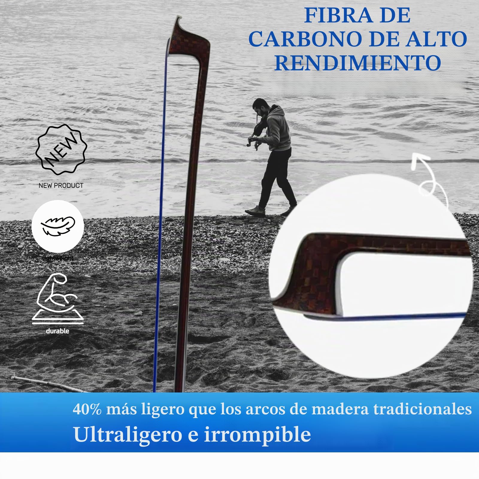 Arco para violín de fibra de carbono 4/4, ultraligero e irrompible con crin de caballo de colores, incrustaciones de rana de madera de serpiente y nácar, grado profesional para viajes y actuaciones