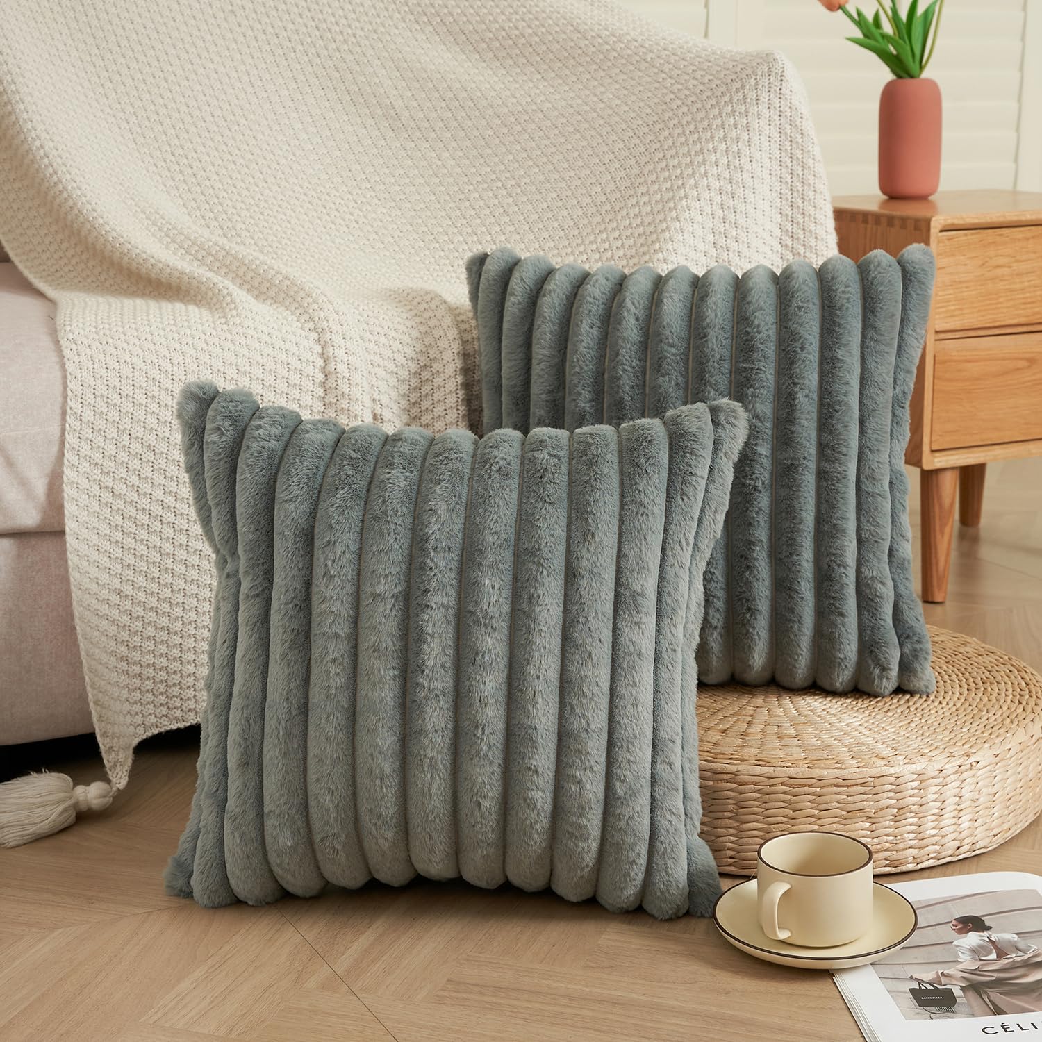 EASE LEAP Grey Cushion Covers 45 x 45 Fluffy Faux Fur Set of 2 Throw Pillow Covers Soft Plush Pillowcases for Sofa Bed Modern Style Home Decor Fluffy Striped Cushion Cover 18x18 Inches