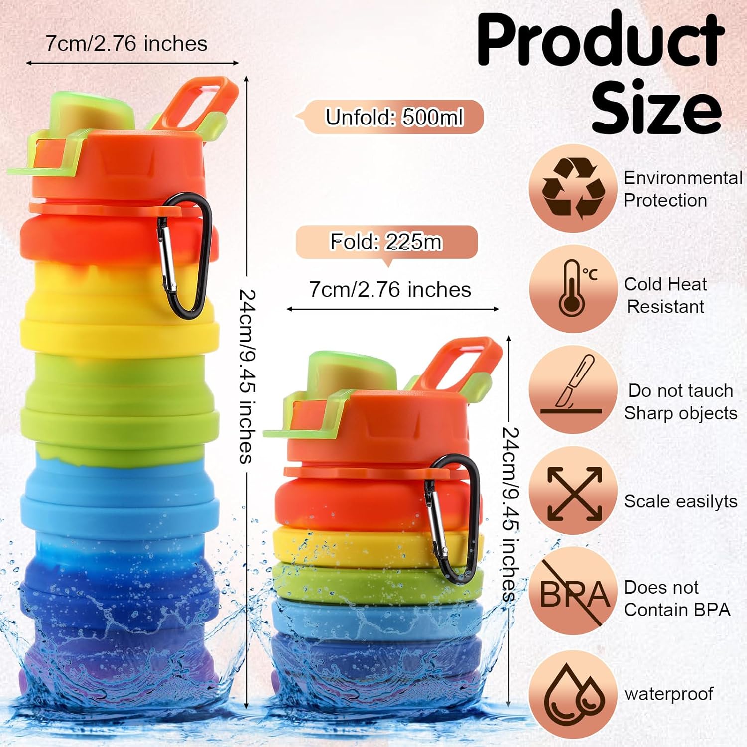 Sunnyray 30 Pack Collapsible Water Bottles 17oz Silicone Foldable Water Bottle Bulk Portable Leak Proof Reusable Camouflage Sports Bottles with Clip for Travel Hiking Camping Outdoor