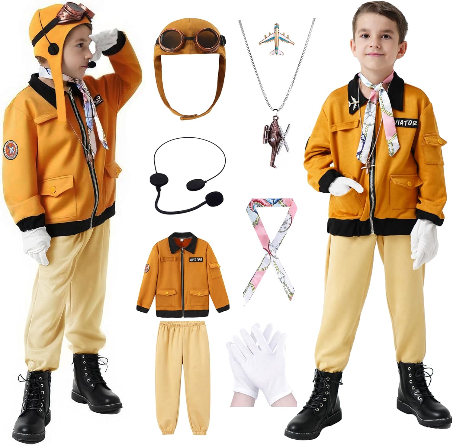 Akokvlar 9 Pcs Kids Pilot Aviator Costume Earhart Historical Costume for Girls Boys