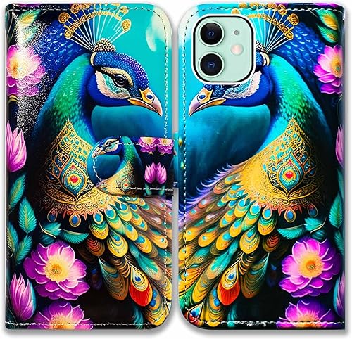 Funda para iPhone 11, diseño de mandala de pavo real colorido con diseño de flores y cartera con ranura para tarjetas, soporte para iPhone 11