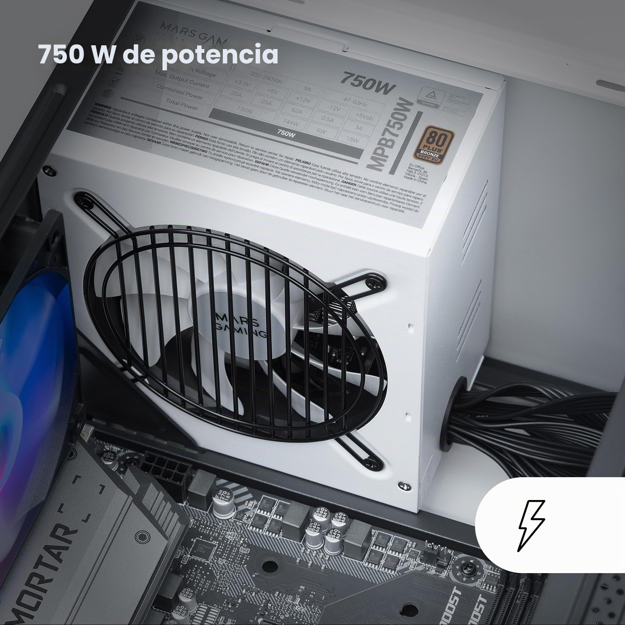 Mars Gaming MPB750, Fuente Alimentación ATX 750W, 6 Años Garantía, 80Plus Bronze 230V EU, 90% Eficiencia, Ventilador FDB 120mm con Tecnología AI-RPM y Sistema Antivibración, Blanco